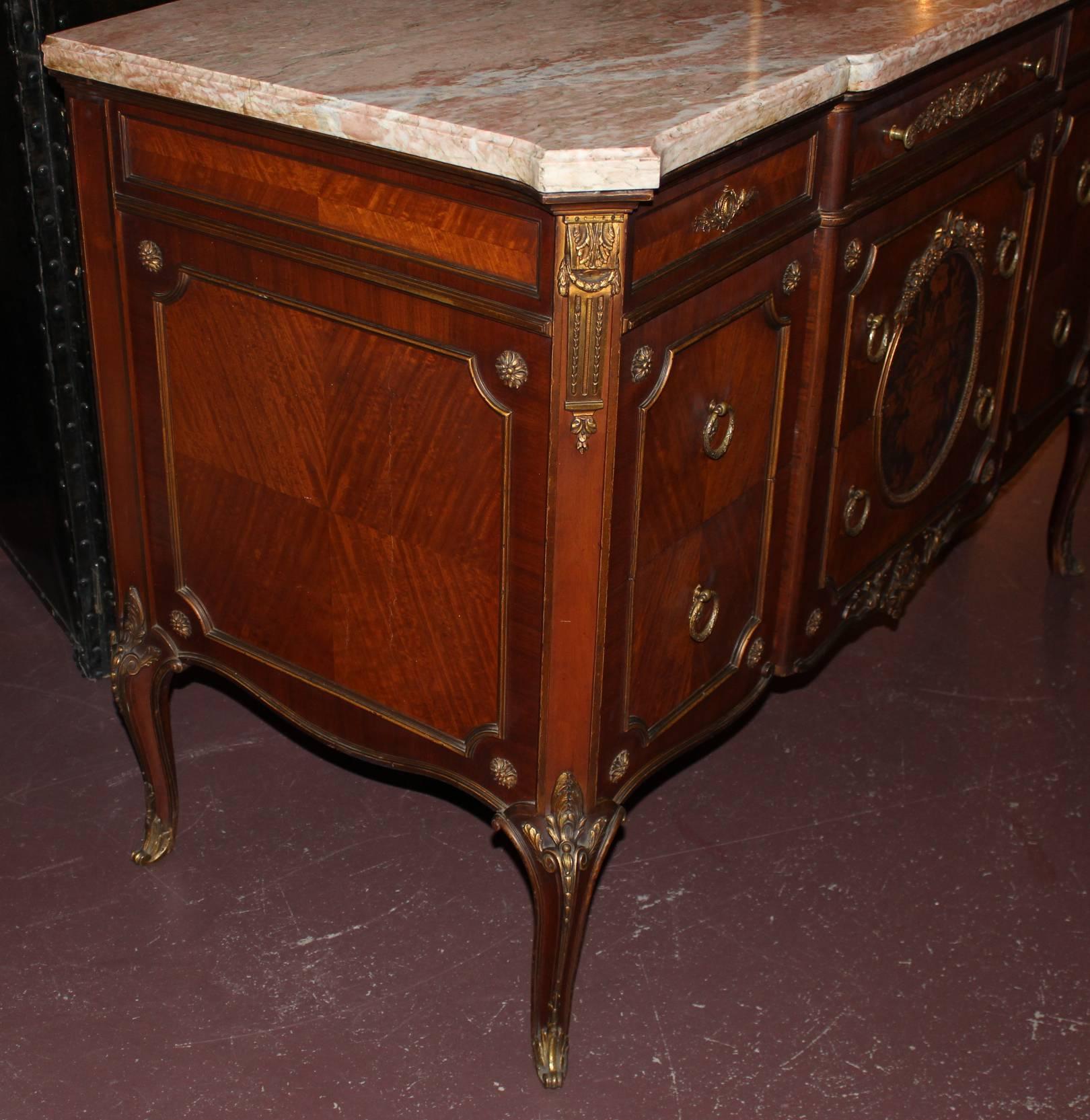 Carved Louis XV Style Kingwood Parquetry Inlaid Commode or Chest with Rouge Marble Top