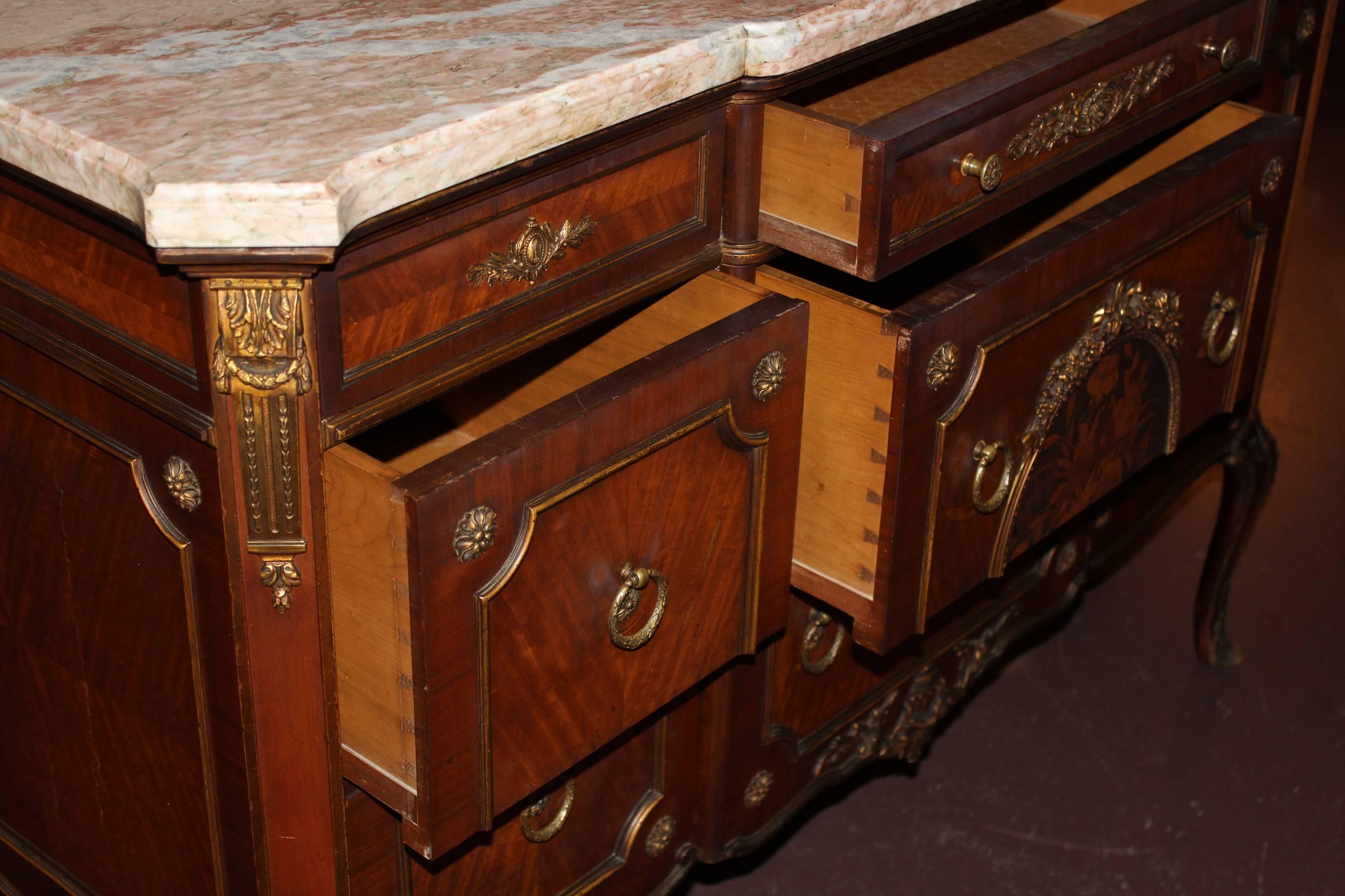 Louis XV Style Kingwood Parquetry Inlaid Commode or Chest with Rouge Marble Top 1