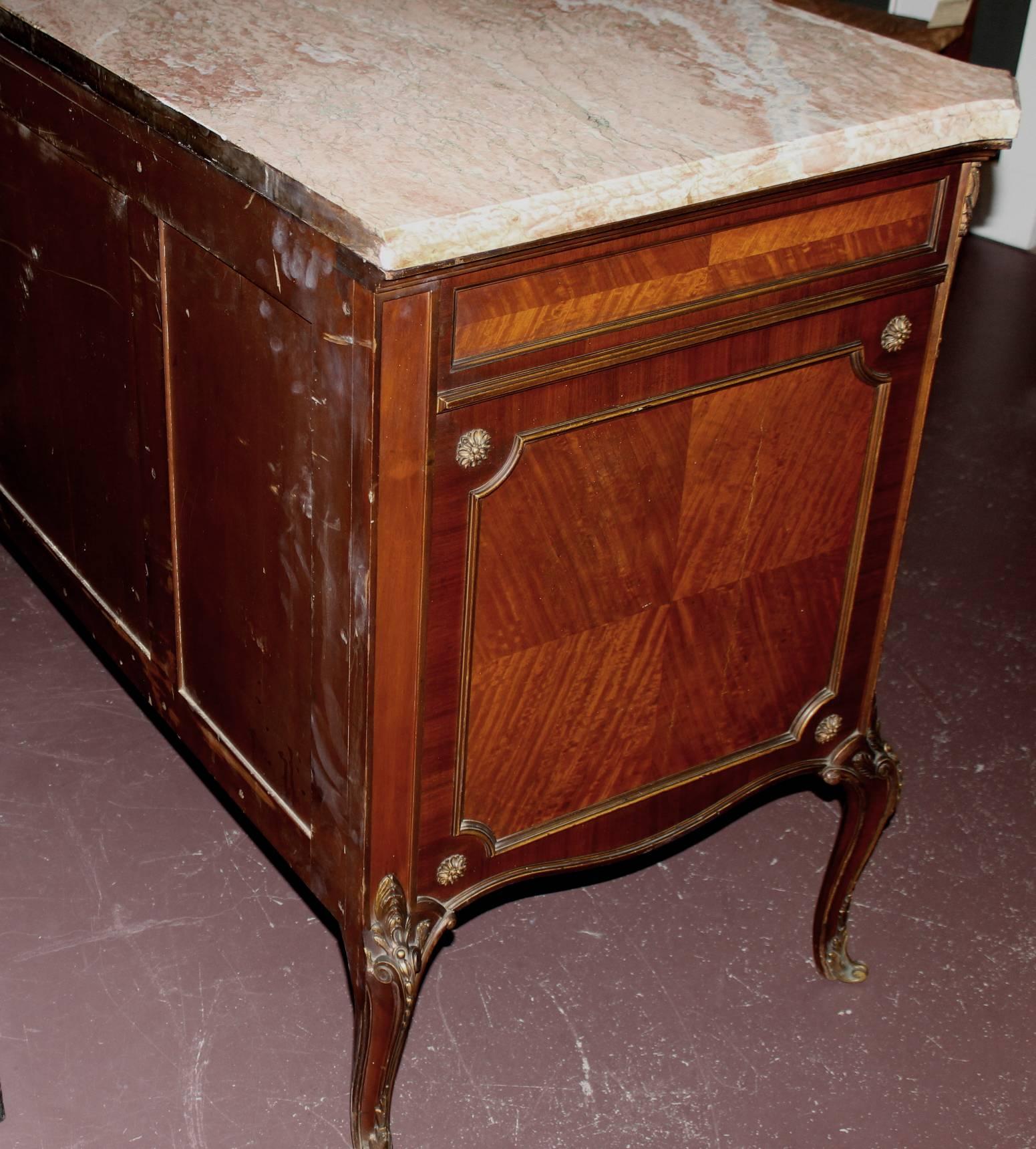 Louis XV Style Kingwood Parquetry Inlaid Commode or Chest with Rouge Marble Top 3