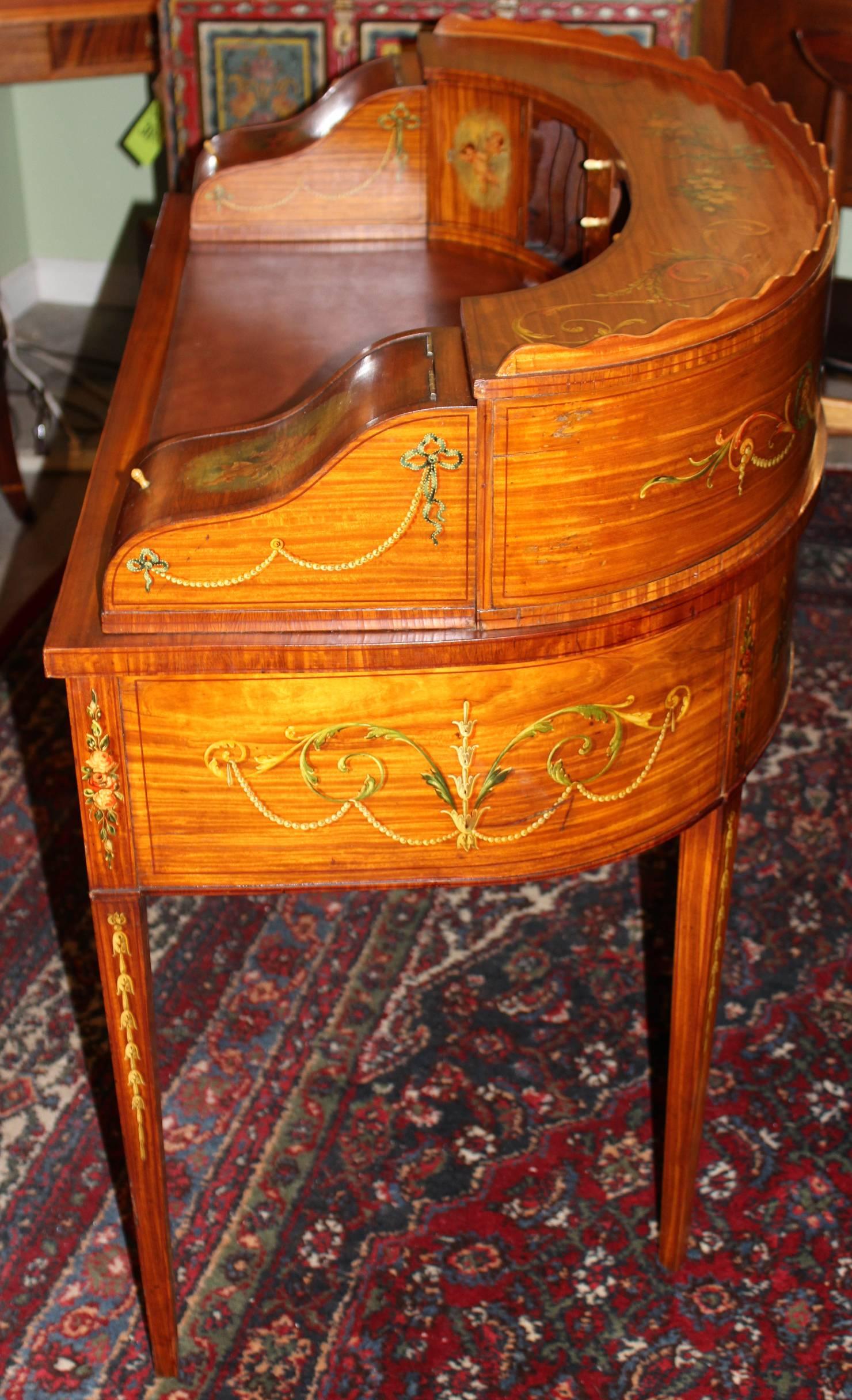 English Edwardian Hand-Painted Carlton Desk in Satinwood with Leather Insert