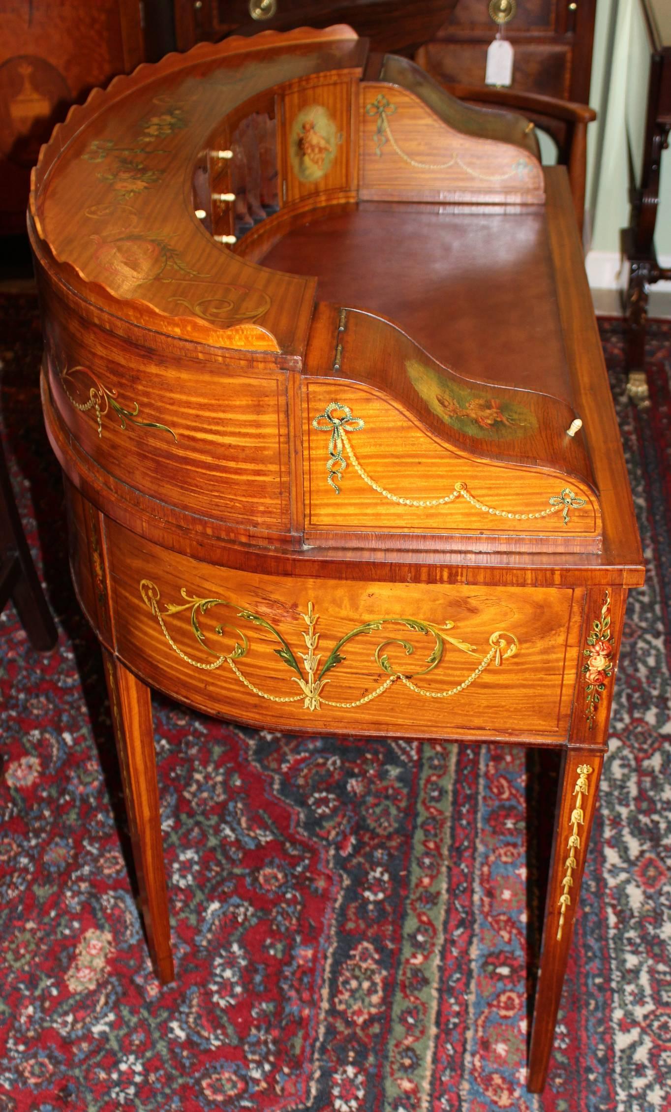 Carved Edwardian Hand-Painted Carlton Desk in Satinwood with Leather Insert