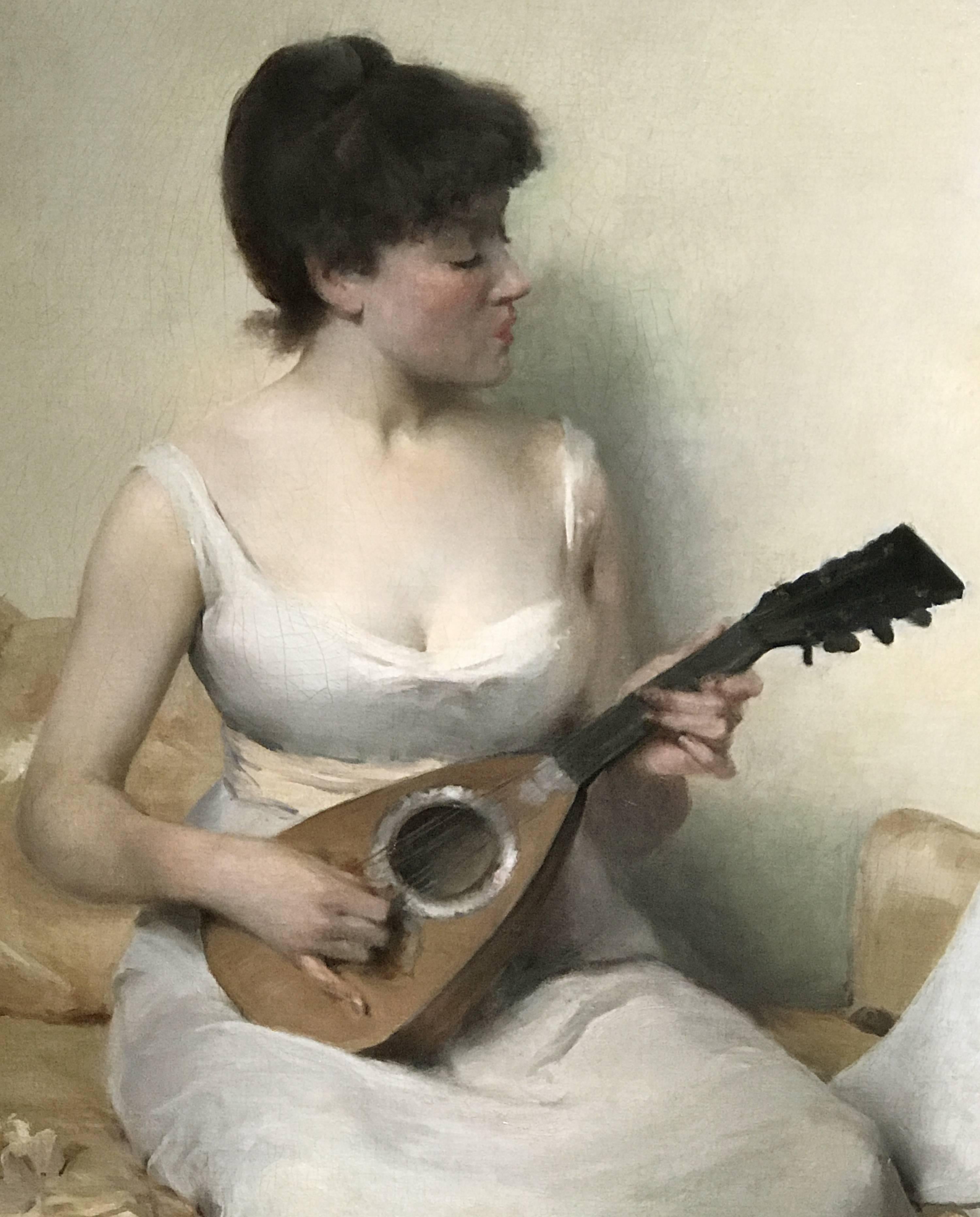 American Herbert F. Denman Oil Painting Portrait of a Woman with Mandolin