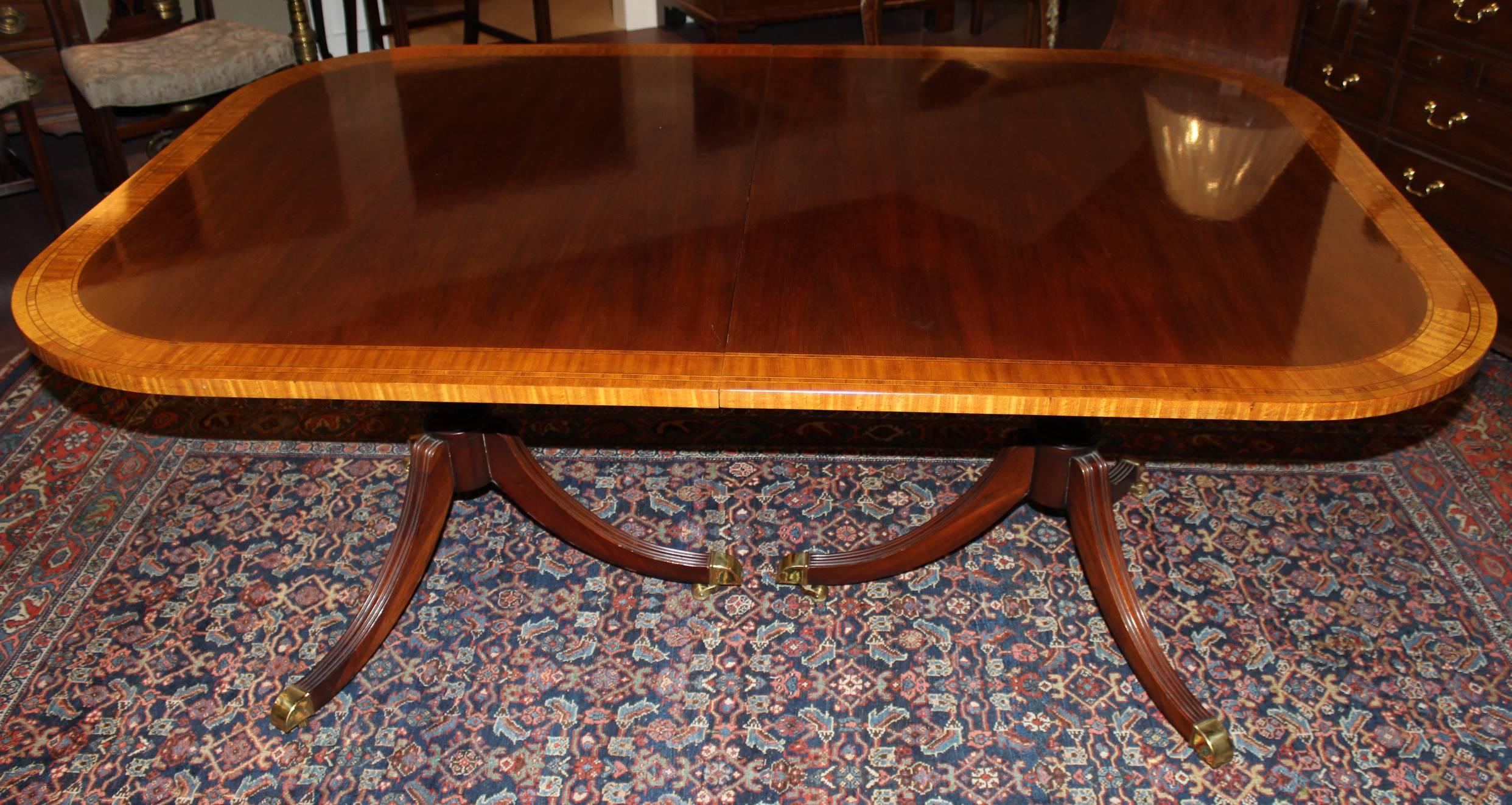 Splendid Double Banded Mahogany and Satinwood Double Pedestal Dining Table 1