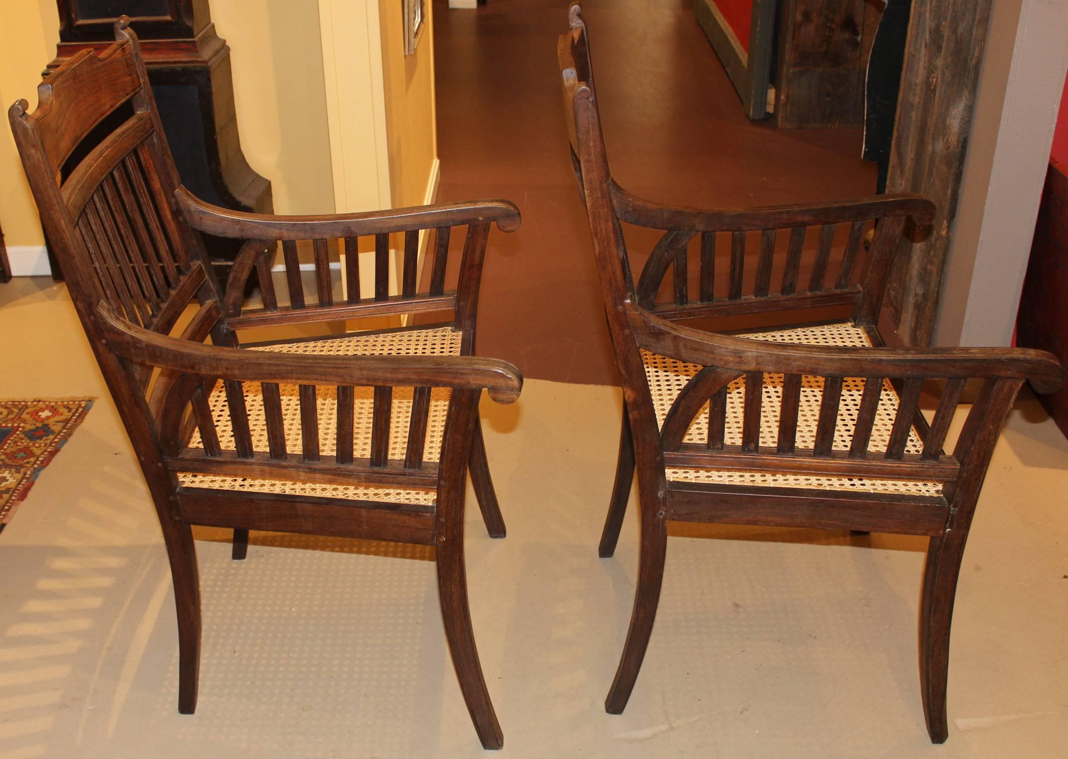 Carved Pair of Regency Style Anglo-Indian Colonial Style Armchairs
