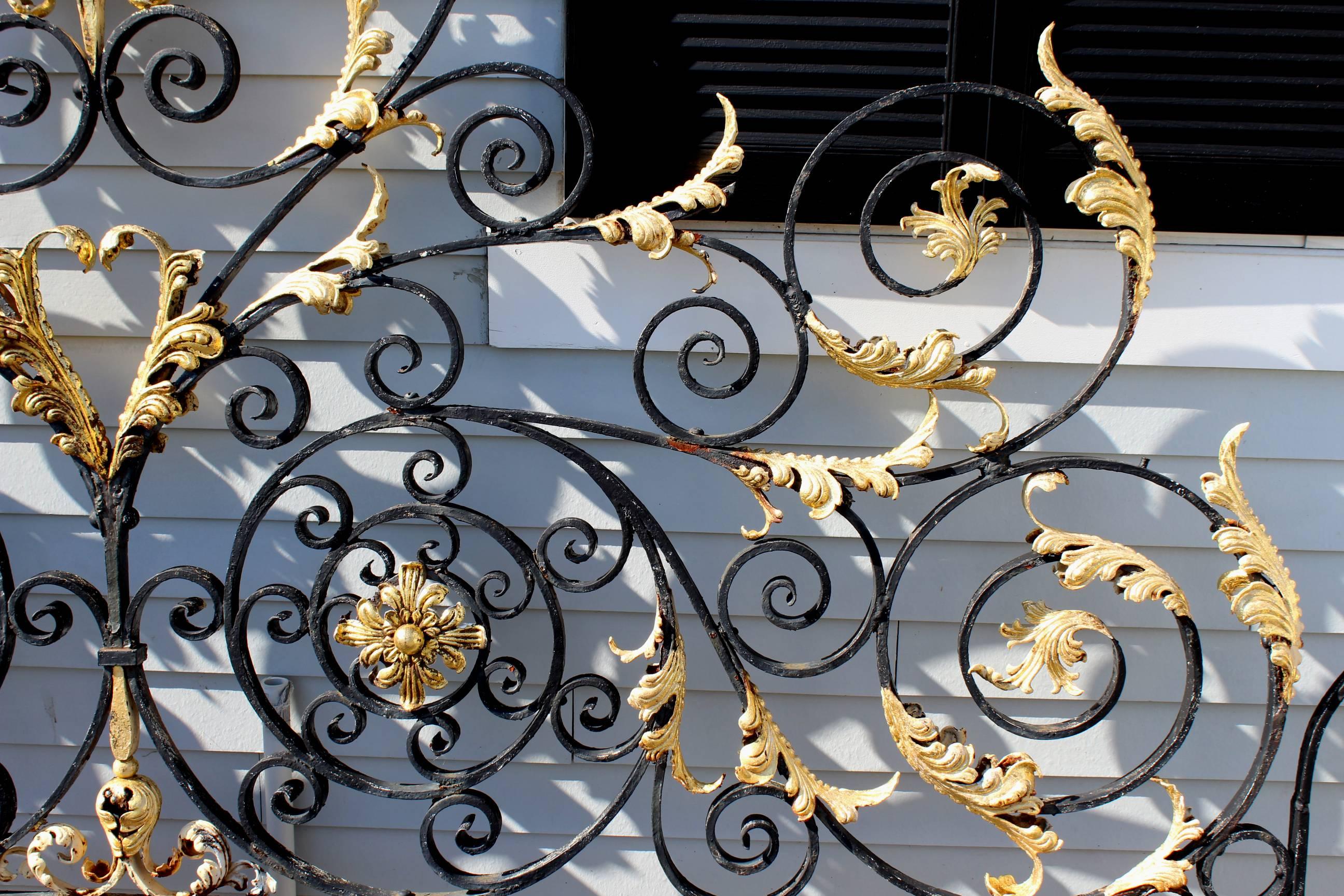 20th Century Monumental Victorian Style Iron Gate Crest with Gilt Foliate Highlights