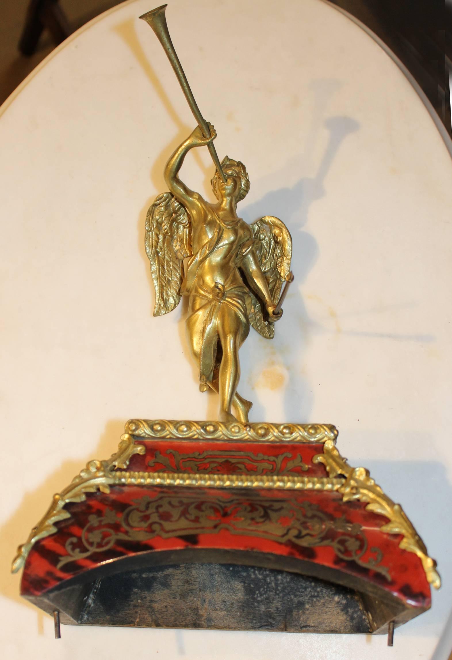 Cast Louis XV French Boulle Bracket Clock with Cherub Top and Wall Bracket