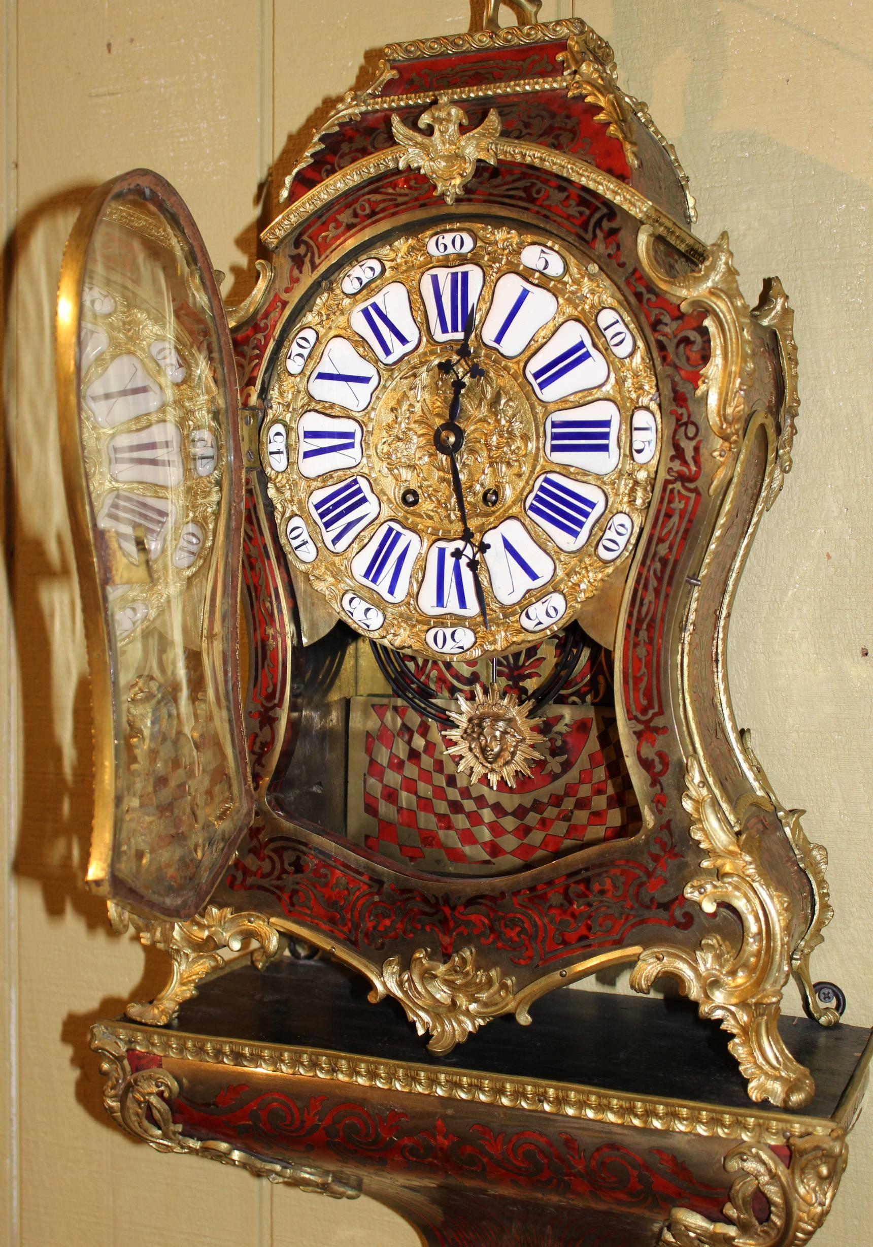 Louis XV French Boulle Bracket Clock with Cherub Top and Wall Bracket In Good Condition In Milford, NH