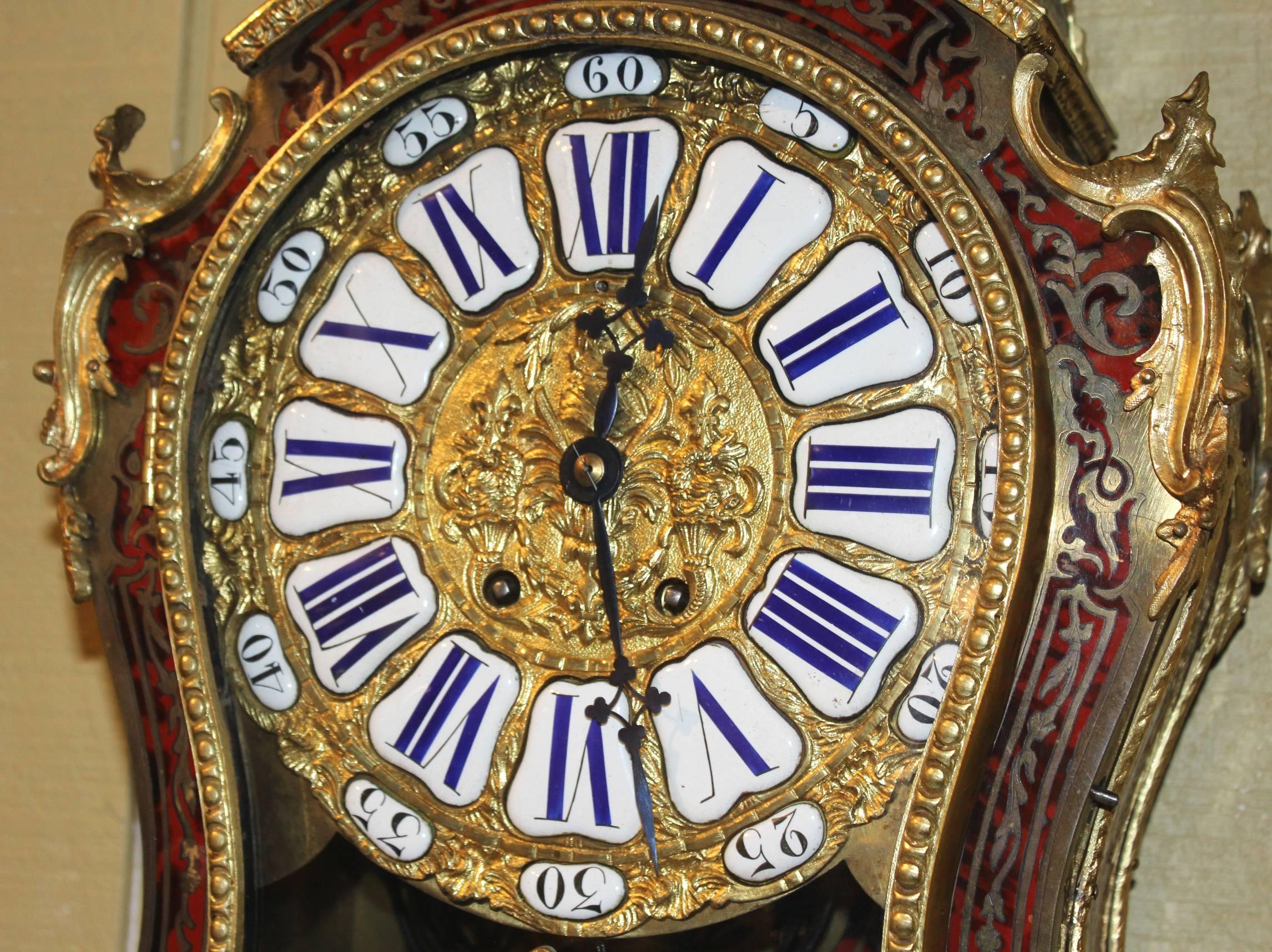 19th Century Louis XV French Boulle Bracket Clock with Cherub Top and Wall Bracket