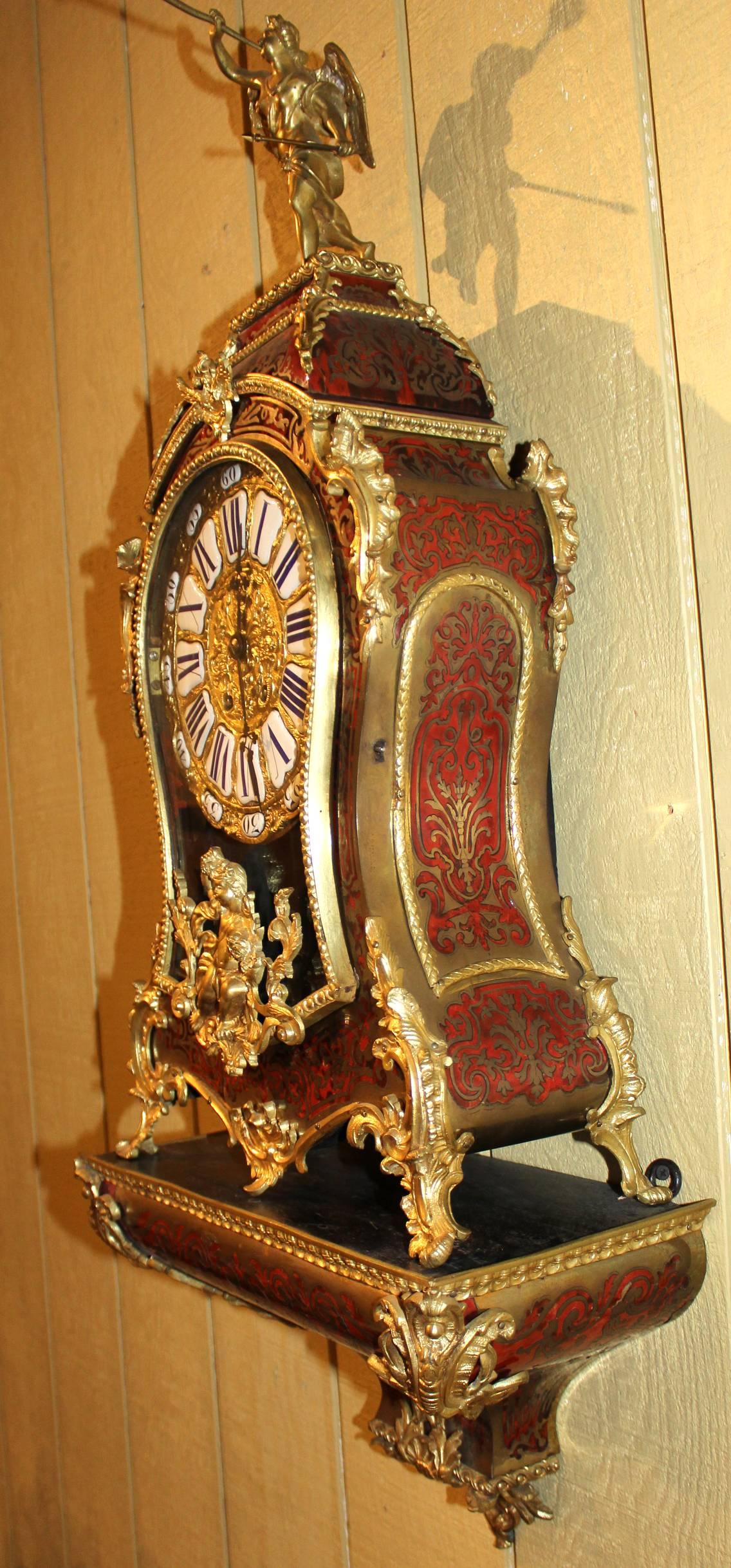 Tortoise Shell Louis XV French Boulle Bracket Clock with Cherub Top and Wall Bracket