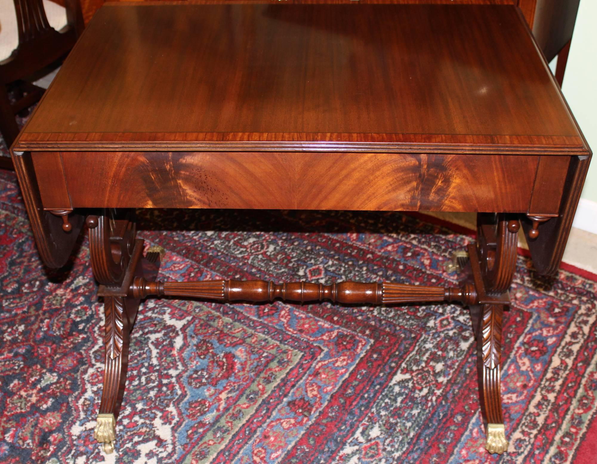American Regency Style Mahogany Lyre-Base Cabot Sofa Table by H. Saks & Sons