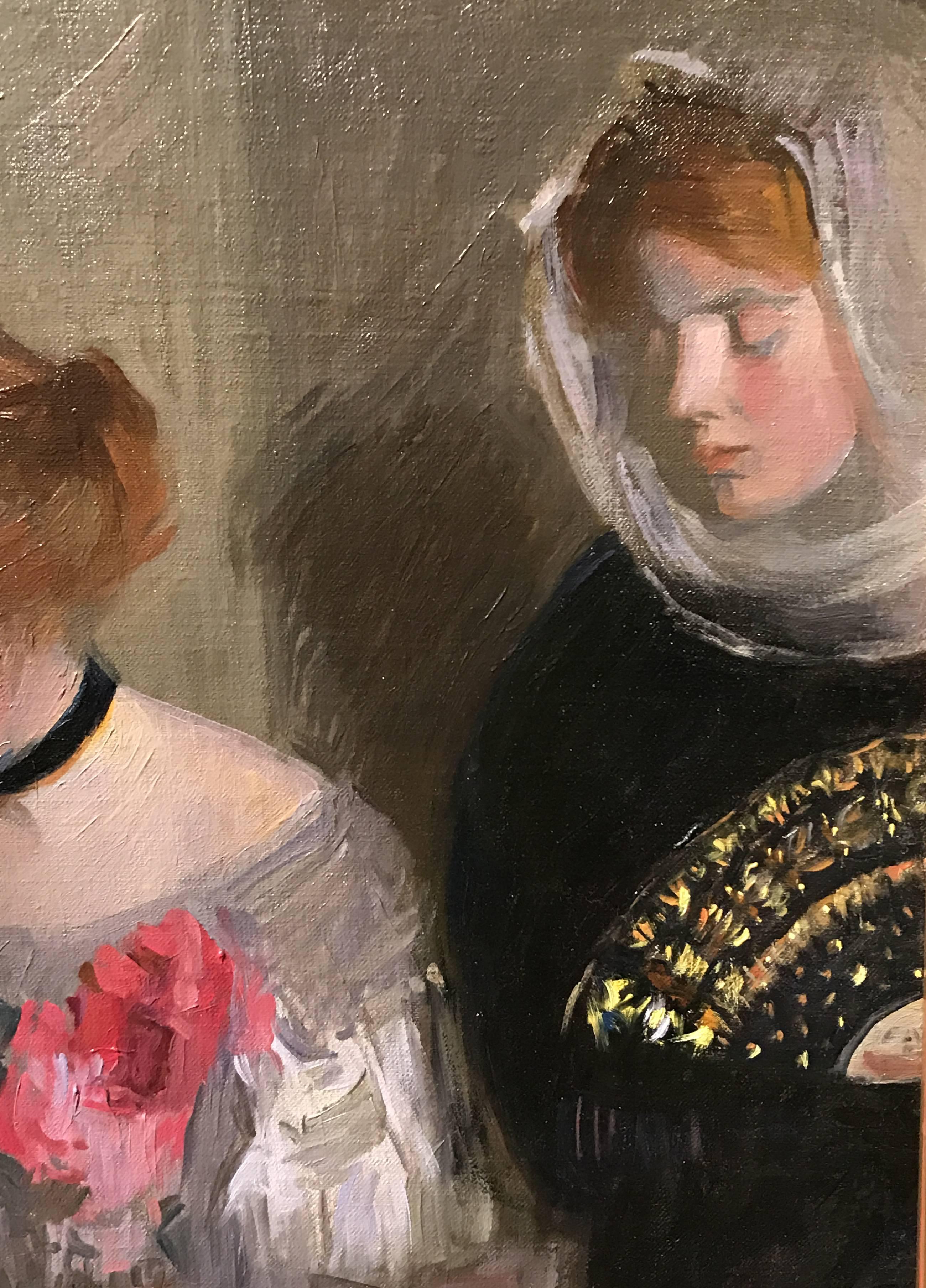 Hand-Painted Louise Williams Jackson Oil Painting Portrait of Two Figures with Bowl and Fan