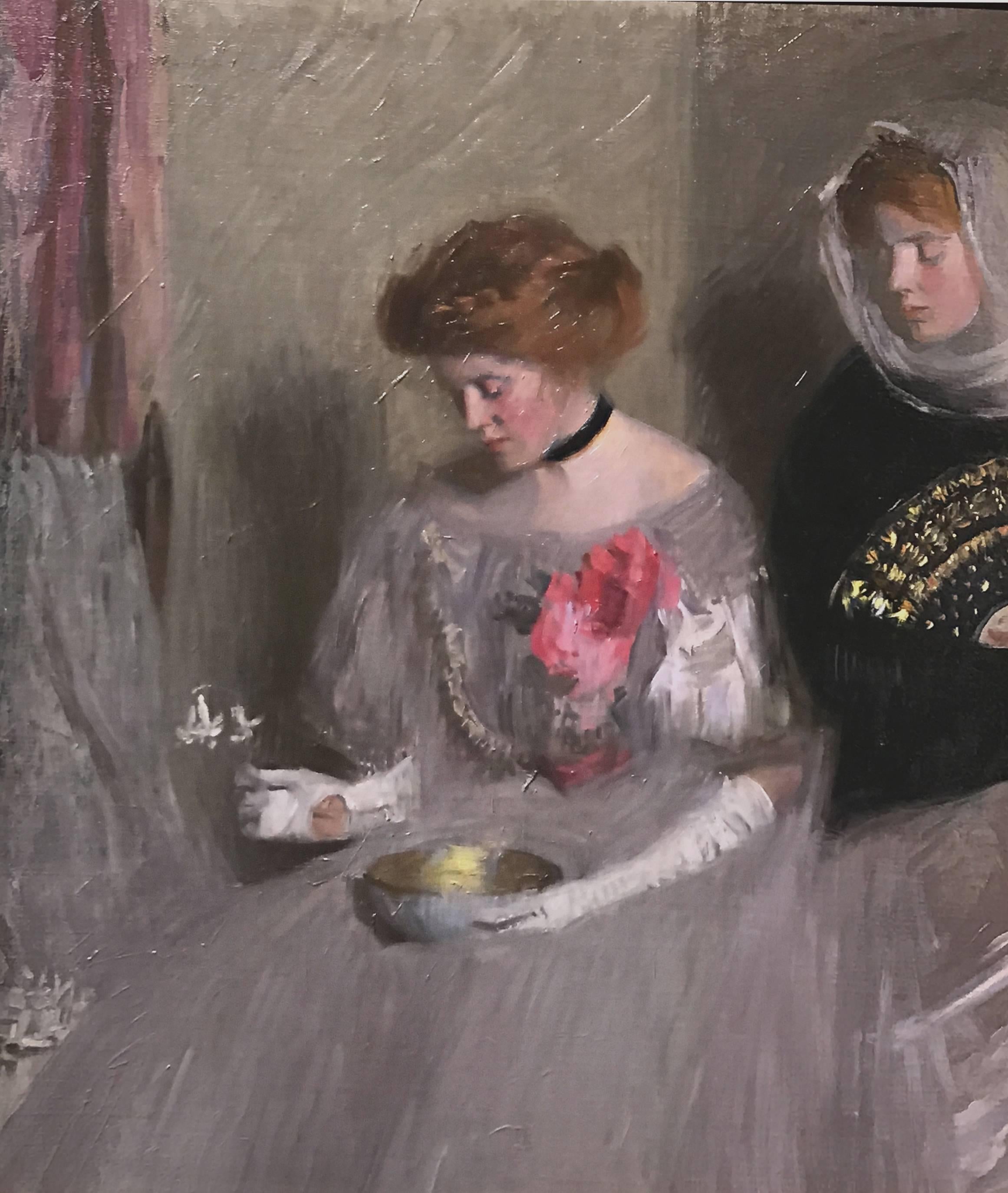 A splendid portrait of a two female figures, one holding a bowl and one with a fan, was painted by American artist Louise Williams Jackson (1872-1939). Born in Newton, Massachusetts in 1872. She and her family moved to Minnesota when she was young,