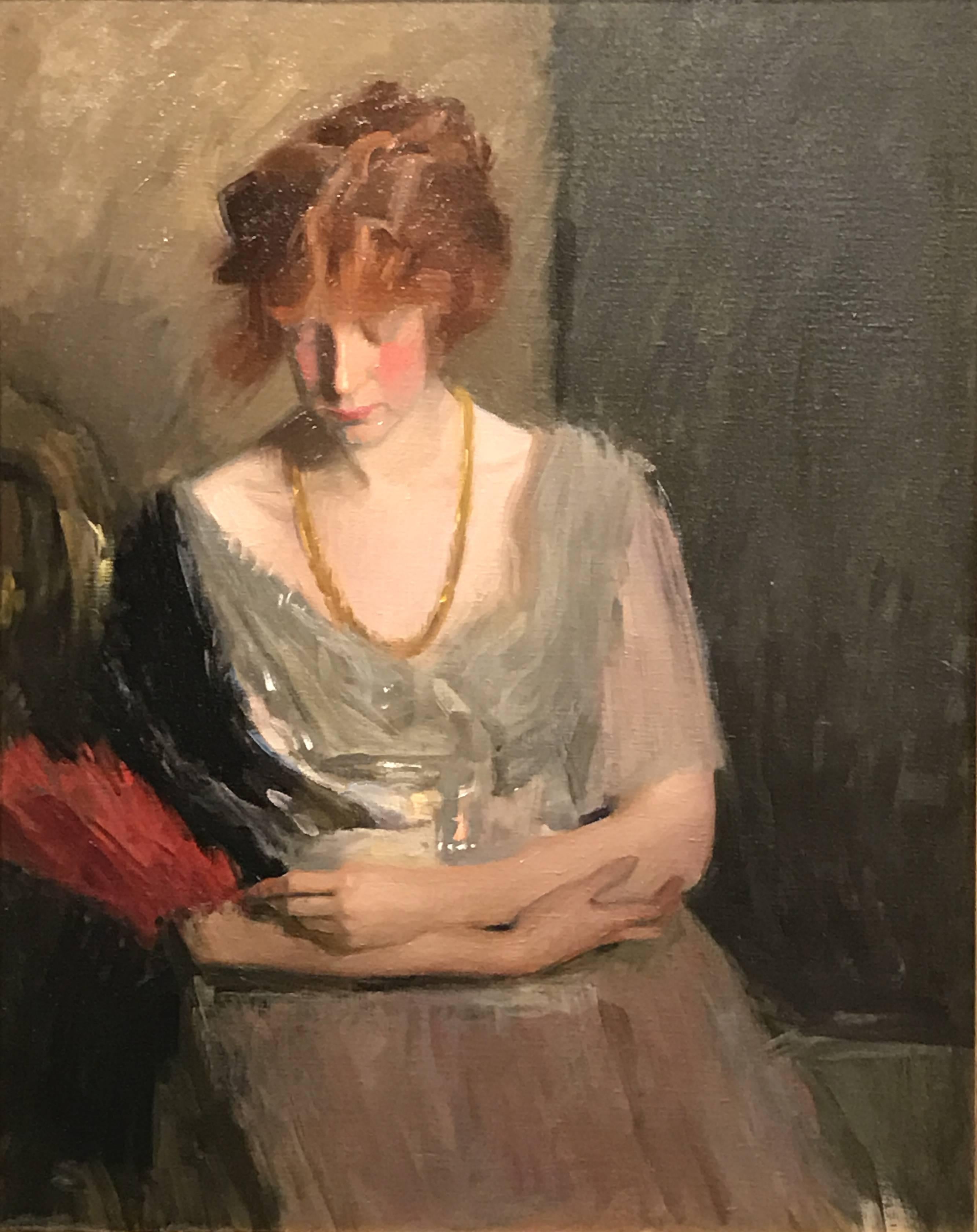 A fine portrait of a red haired model with her hands crossed on her lap was painted by American artist Louise Williams Jackson (1872-1939). Born in Newton, Massachusetts in 1872. She and her family moved to Minnesota when she was young, for several