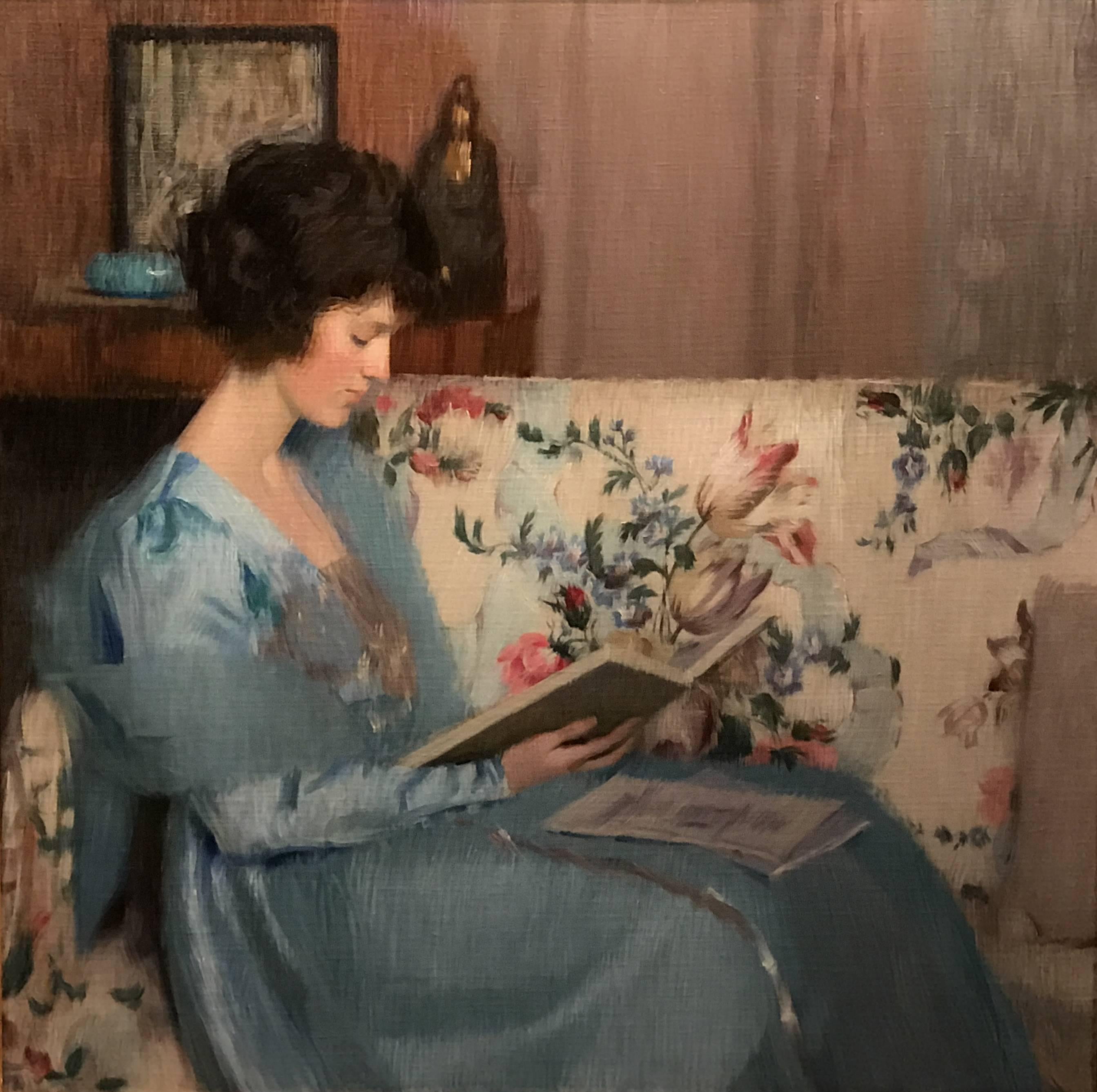 An exceptional portrait of a woman reading a book on a sofa was painted by American artist Louise Williams Jackson (1872-1939). Born in Newton, Massachusetts in 1872. She and her family moved to Minnesota when she was young, for several years, as