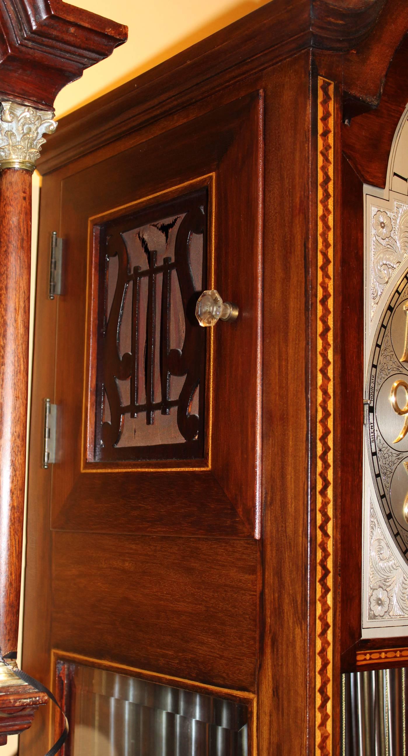 20th Century Jacques Mahogany and Glass Six Chime Tall Clock with Moon Phase, circa 1920