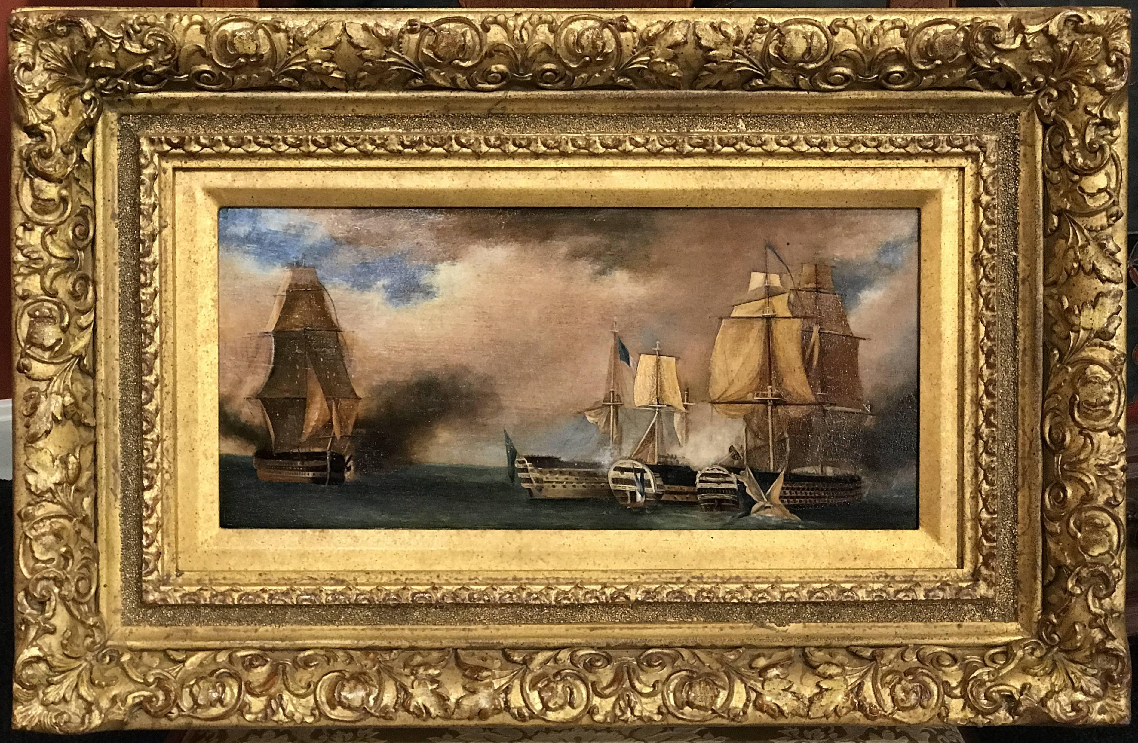 A wonderful pair of 19th century Continental marine oil paintings on panel depicting ship battle scenes under looming skies, unsigned, and framed in Fine scroll and foliate carved giltwood frames. Dimensions: Each measure 6.5 in. H x 13.75 in. W,