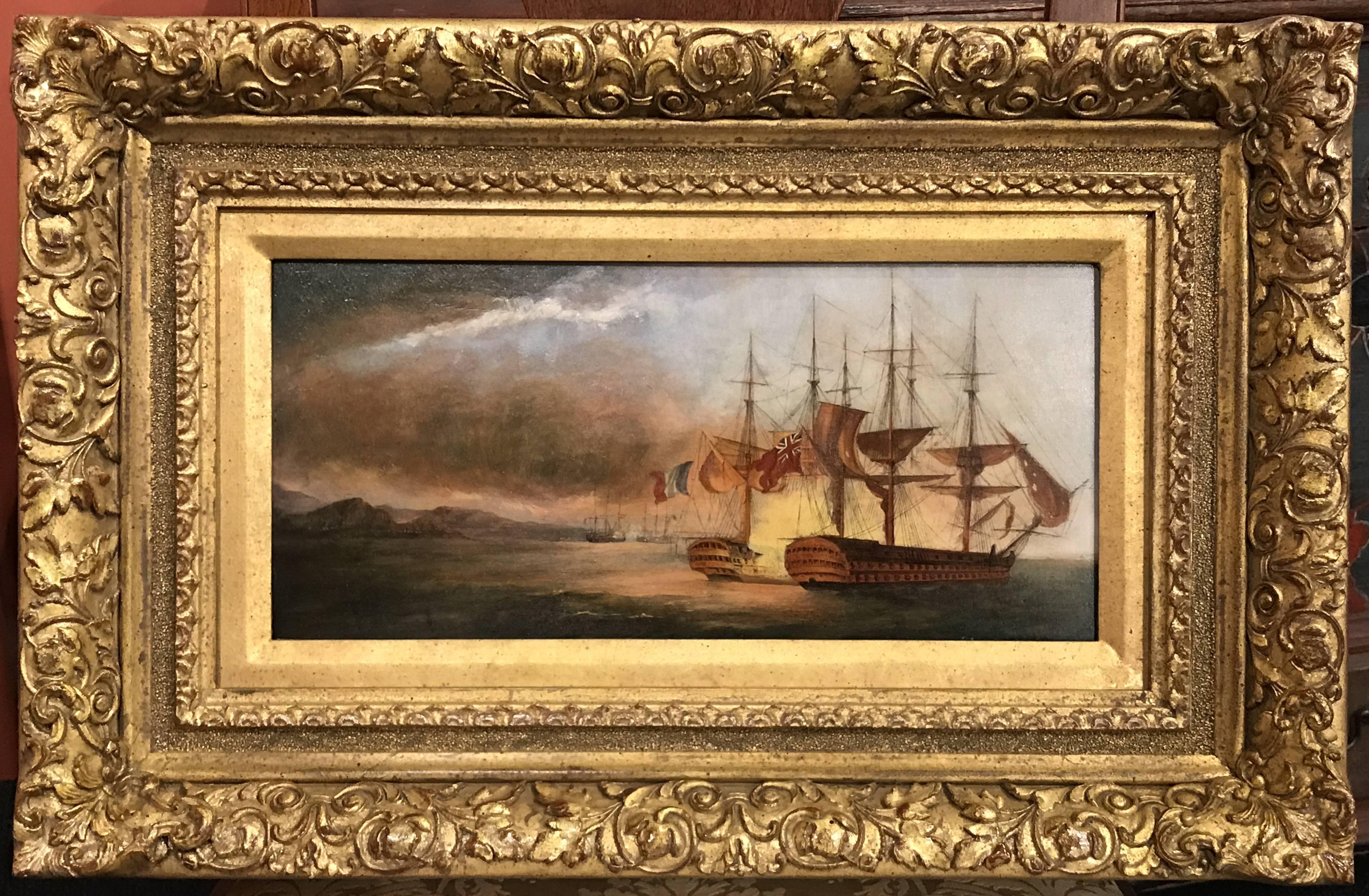 European Pair of 19th Century Marine Oil Paintings with Ship Battle Scenes