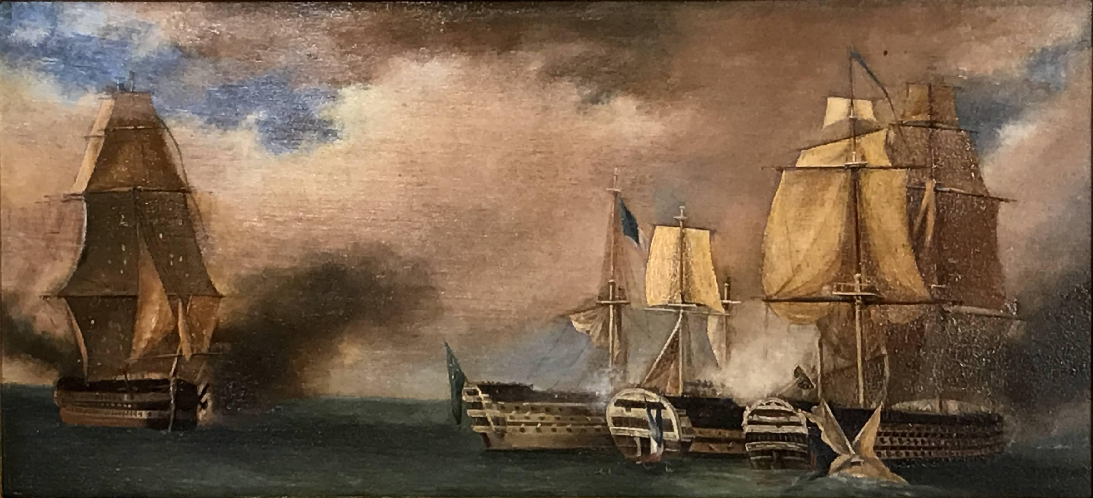 Hand-Painted Pair of 19th Century Marine Oil Paintings with Ship Battle Scenes