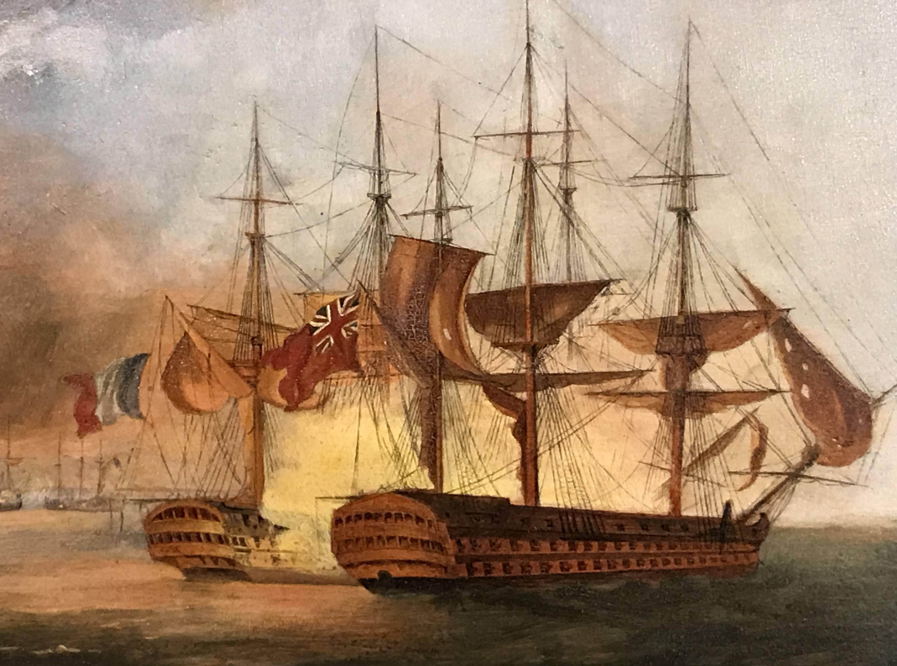 Pair of 19th Century Marine Oil Paintings with Ship Battle Scenes 3