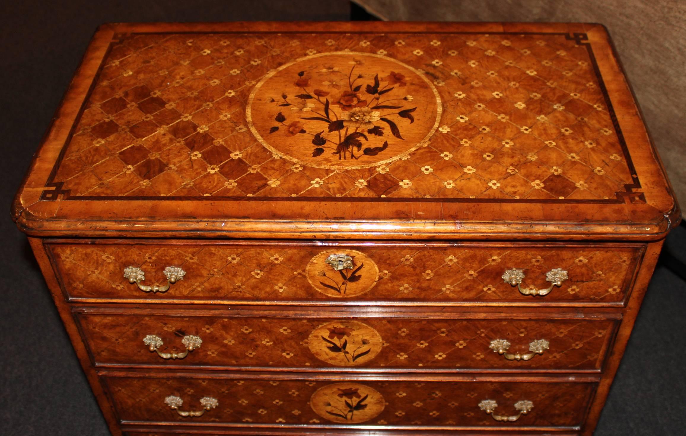Hand-Carved Diminutive English Four-Drawer Chest with Extensive Marquetry