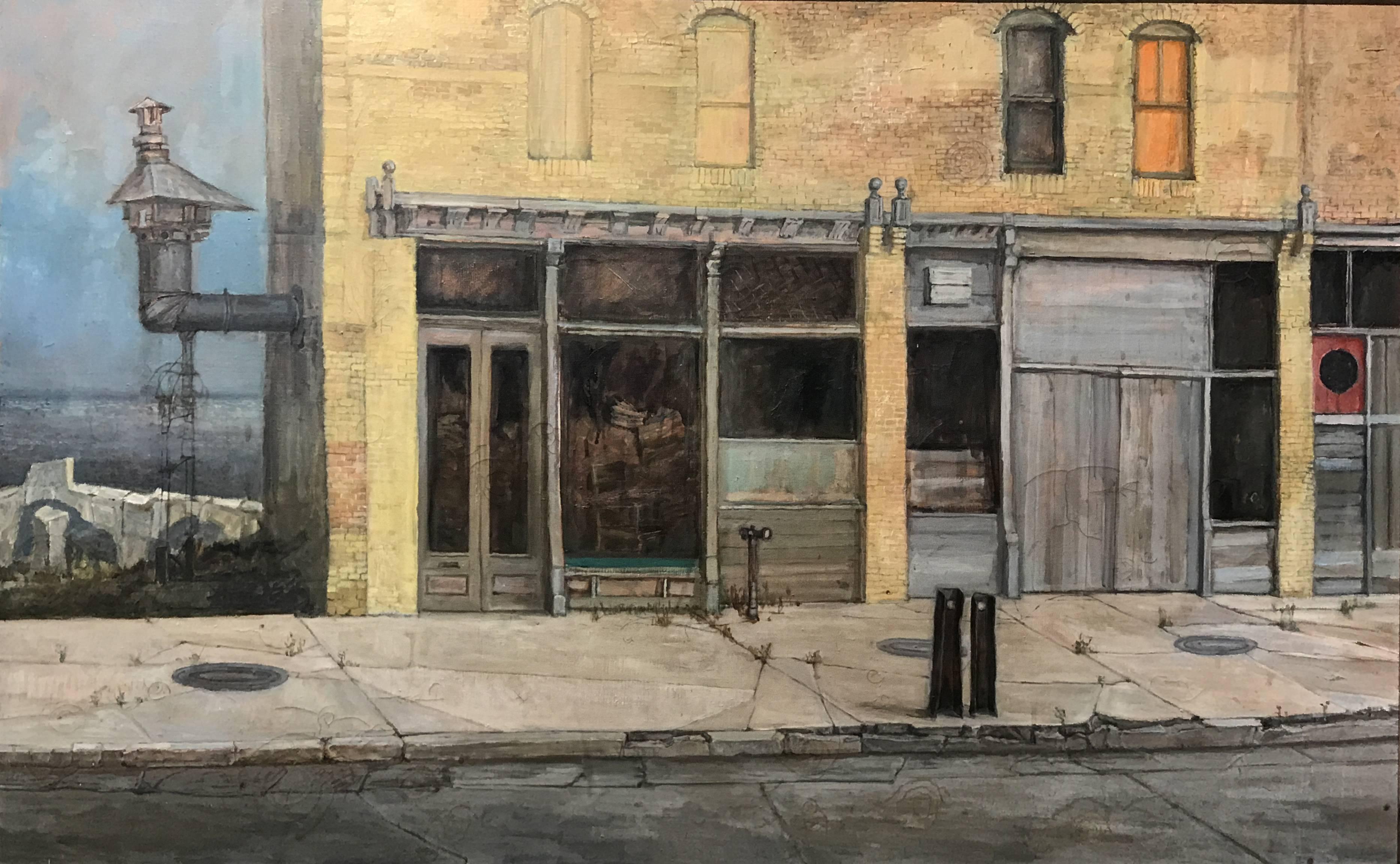 A fine large Ashcan School oil painting of a street scene with abandoned brick storefronts typical of the backstreets of any American city. The Ashcan School developed from a group of New York artists in the early 20th century, inspired by the works