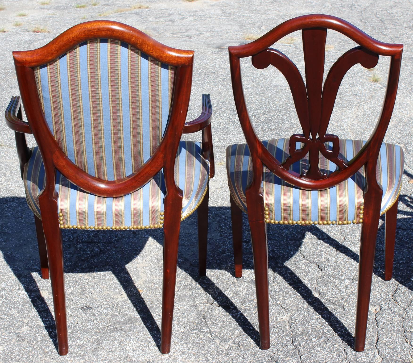 Carved Set of Six Custom Mahogany Shield Back Sheraton Style Dining Chairs