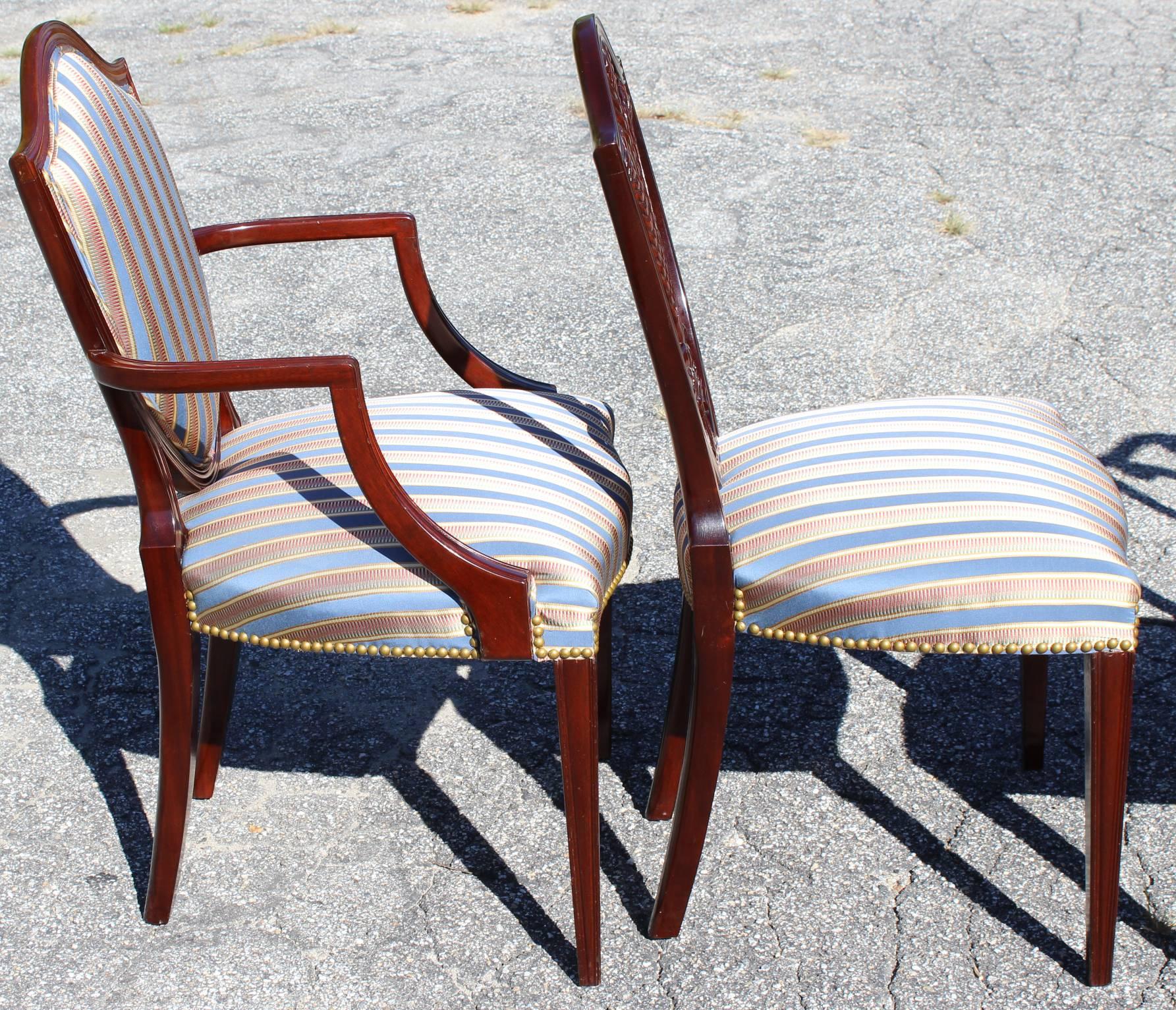 Set of Six Custom Mahogany Shield Back Sheraton Style Dining Chairs In Excellent Condition In Milford, NH
