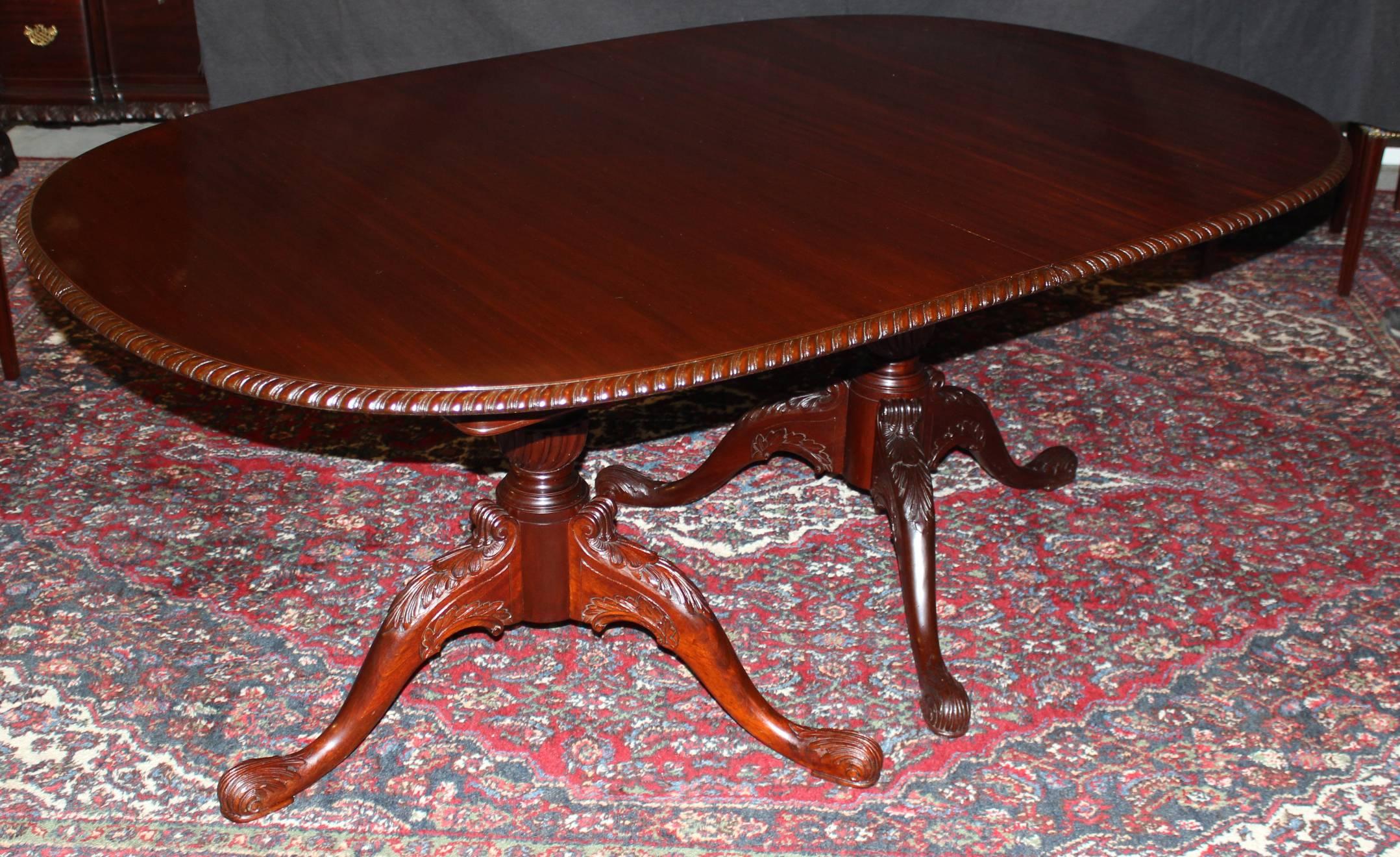 A solid mahogany custom Georgian style double pedestal dining table that expands to hold three additional leaves. Top with gadrooned edge supported by two baluster turned pedestals raised on acanthus and scroll carved legs. Comes with custom leaf