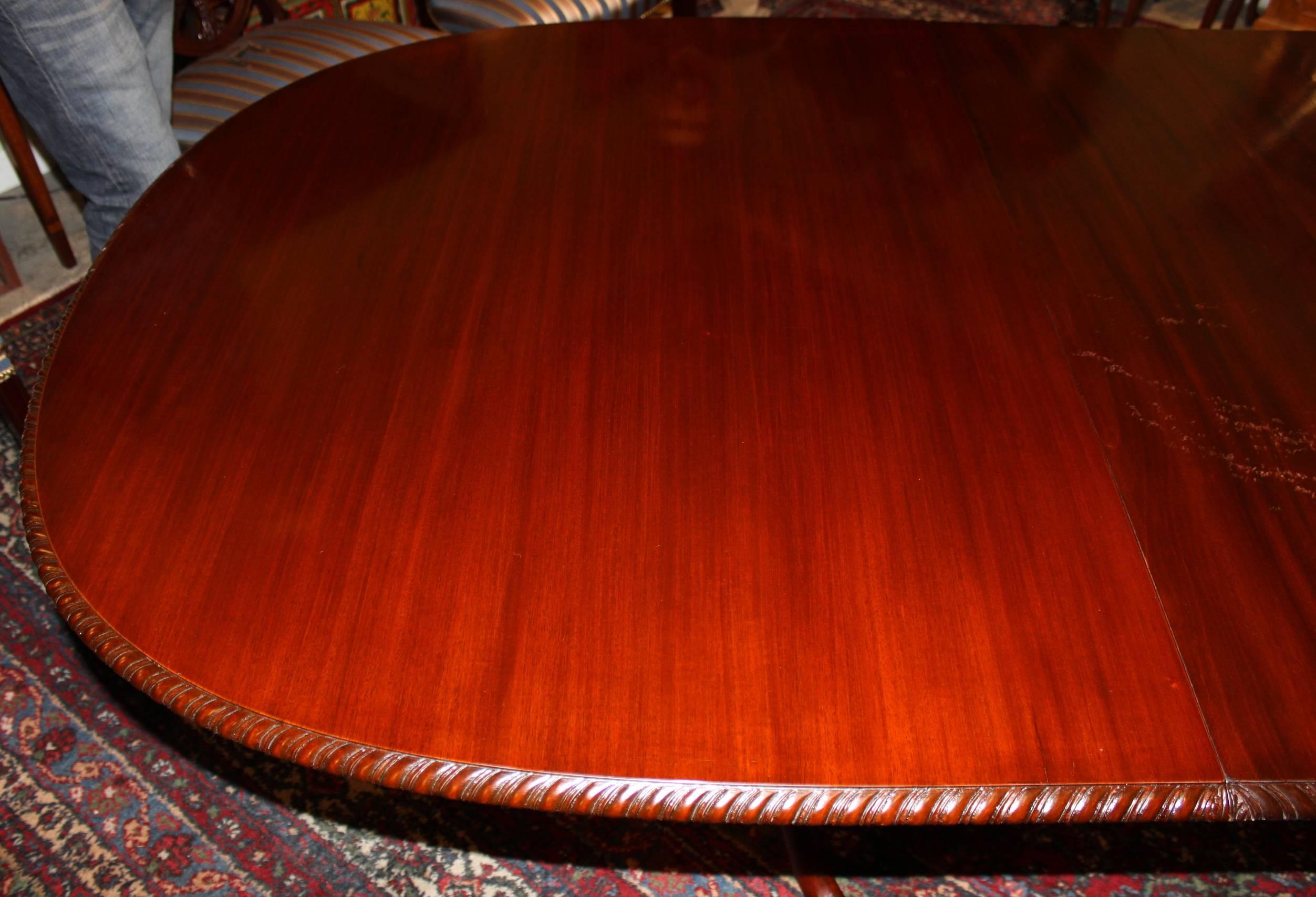 American Double Pedestal Mahogany, Nicely Carved Dining Table with Three Leaves