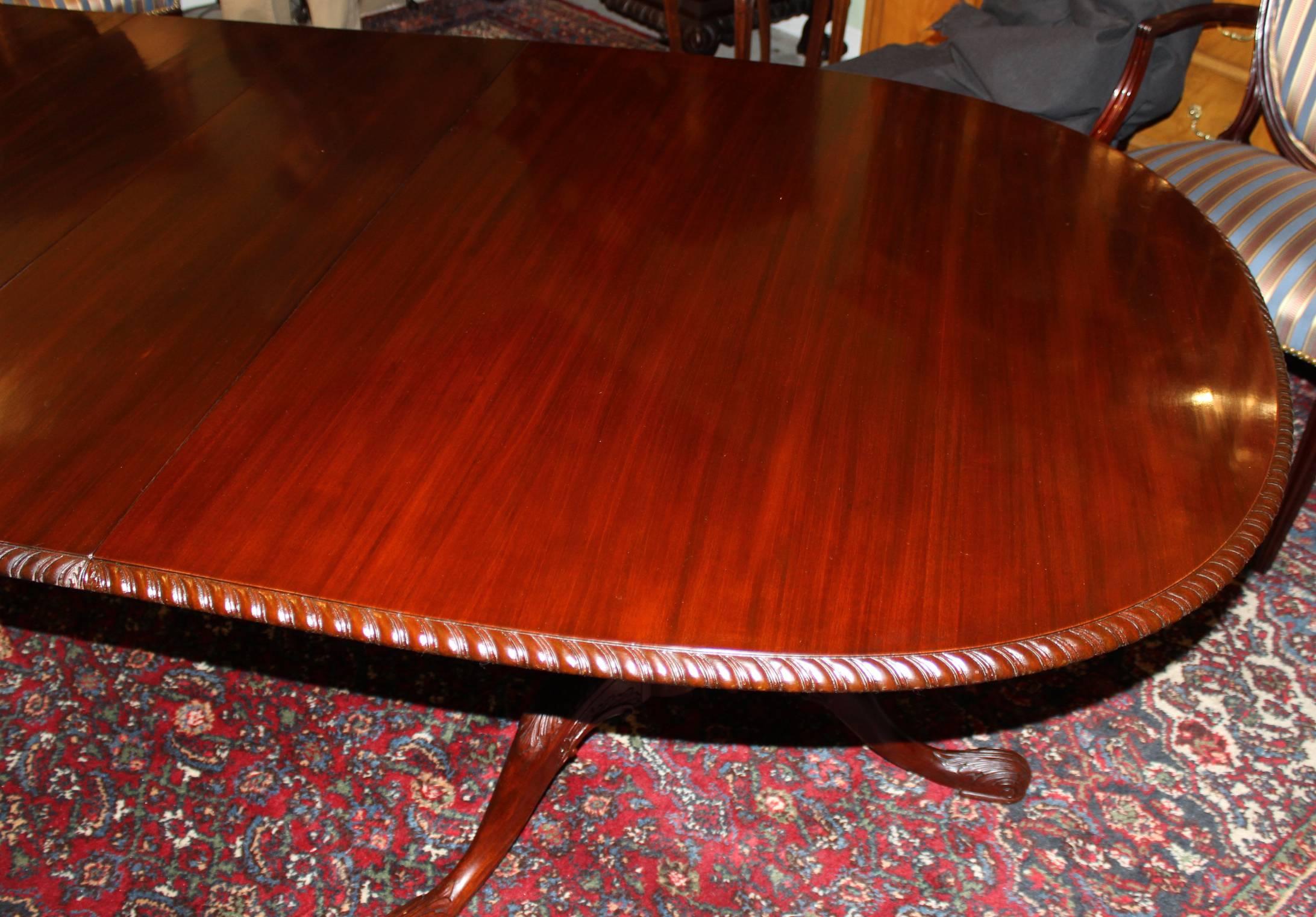 Double Pedestal Mahogany, Nicely Carved Dining Table with Three Leaves In Excellent Condition In Milford, NH