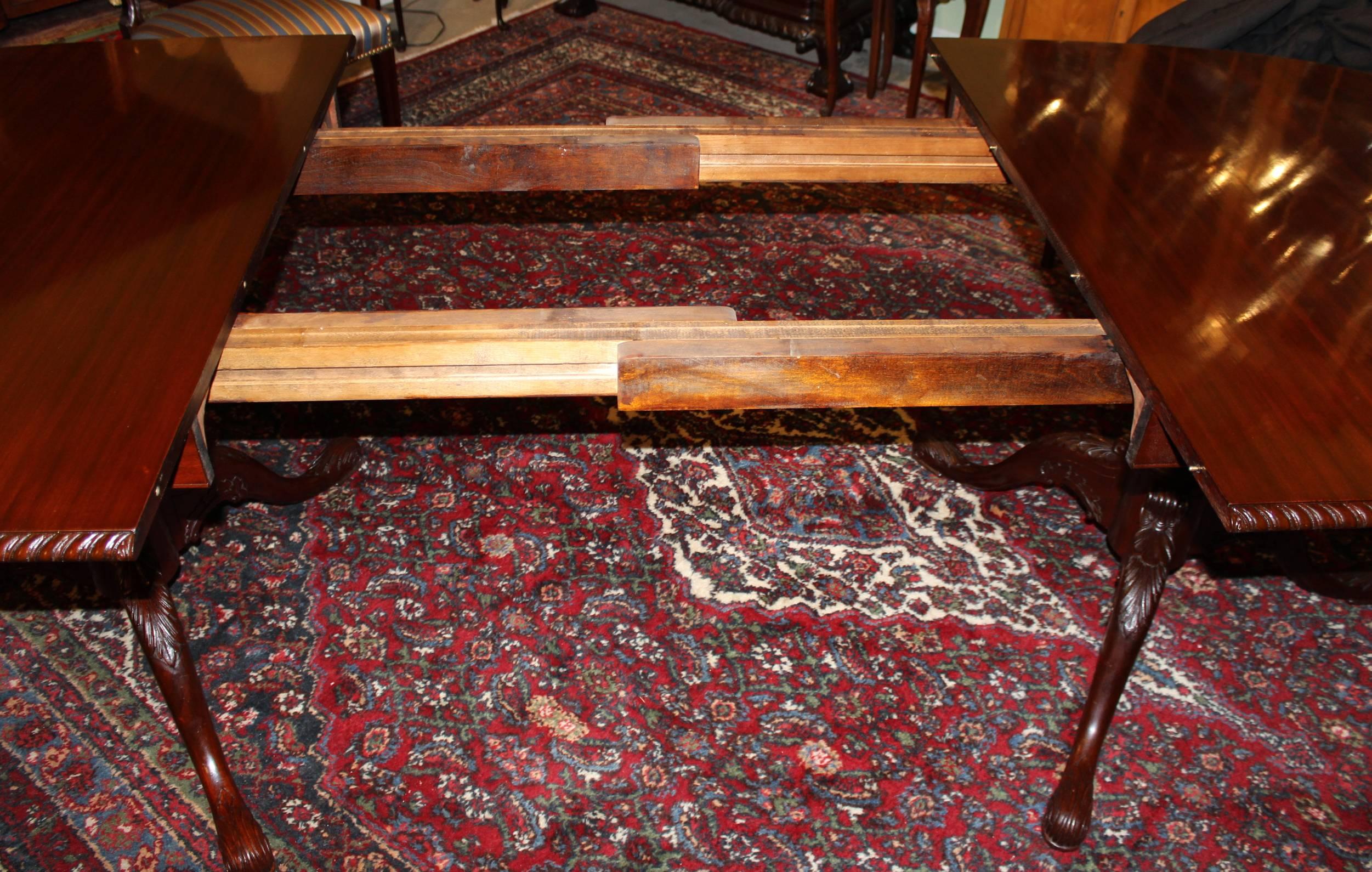 Double Pedestal Mahogany, Nicely Carved Dining Table with Three Leaves 1