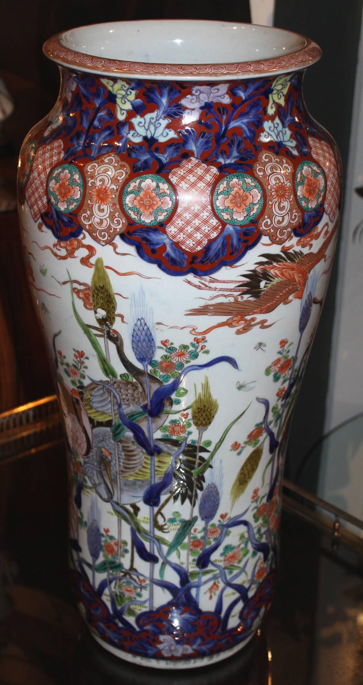 Hand-Painted 19th Century Japanese Polychrome Tall Porcelain Vase in the Imari Palette