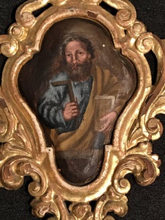 Pair of Continental Baroque Style Painted Giltwood Panels Depicting Saints