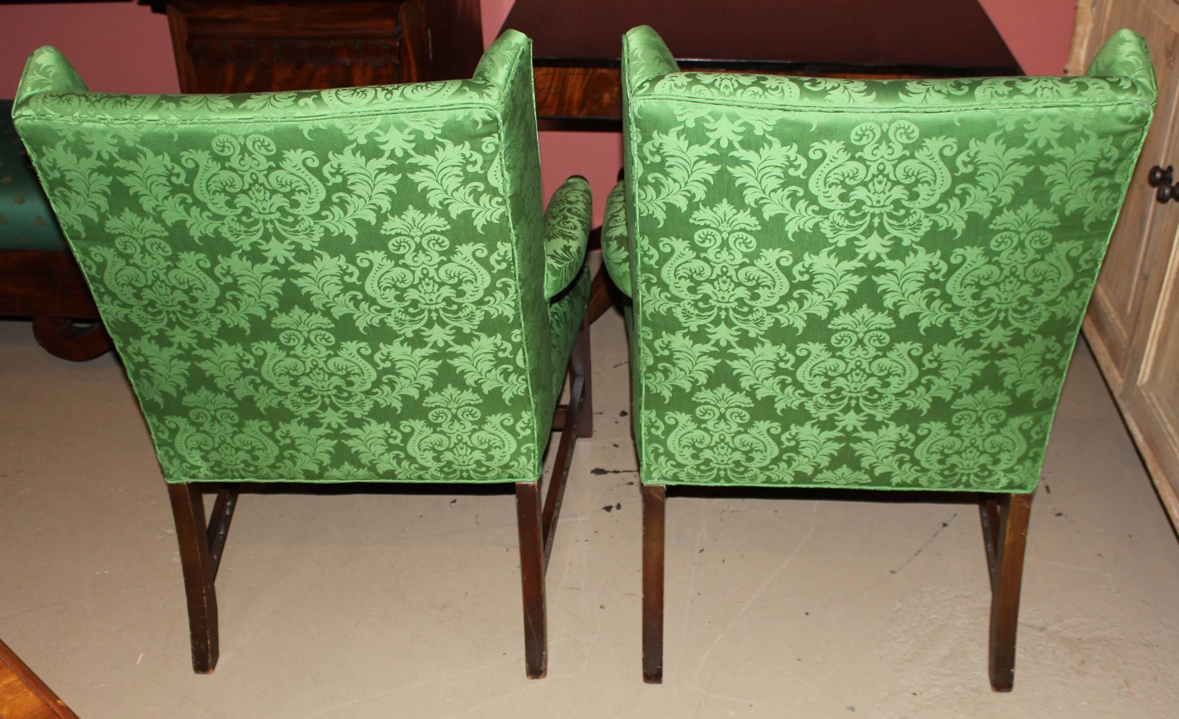 English Pair of Chinese Chippendale Style Upholstered Mahogany Marlborough Armchairs