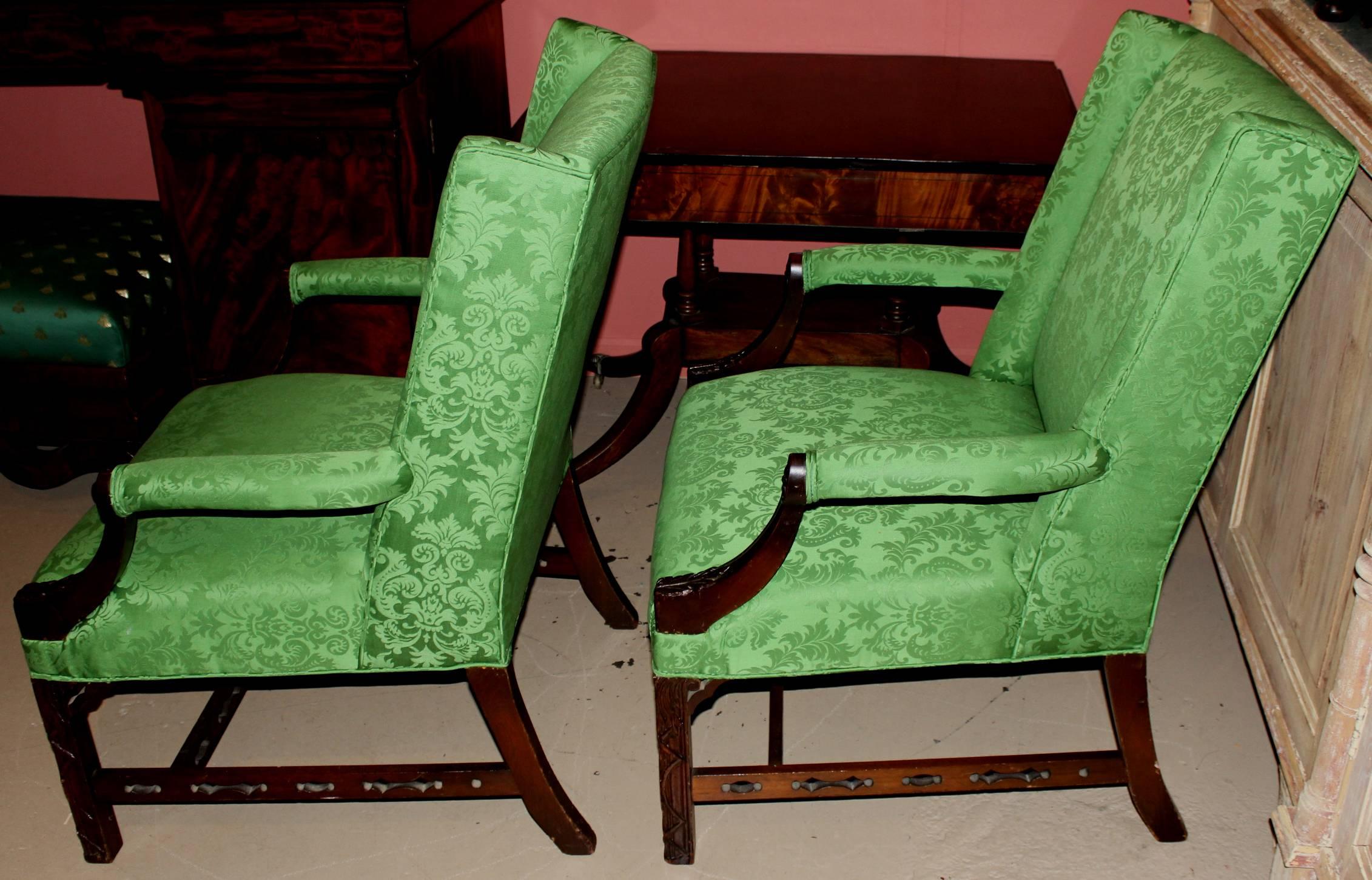 Hand-Crafted Pair of Chinese Chippendale Style Upholstered Mahogany Marlborough Armchairs