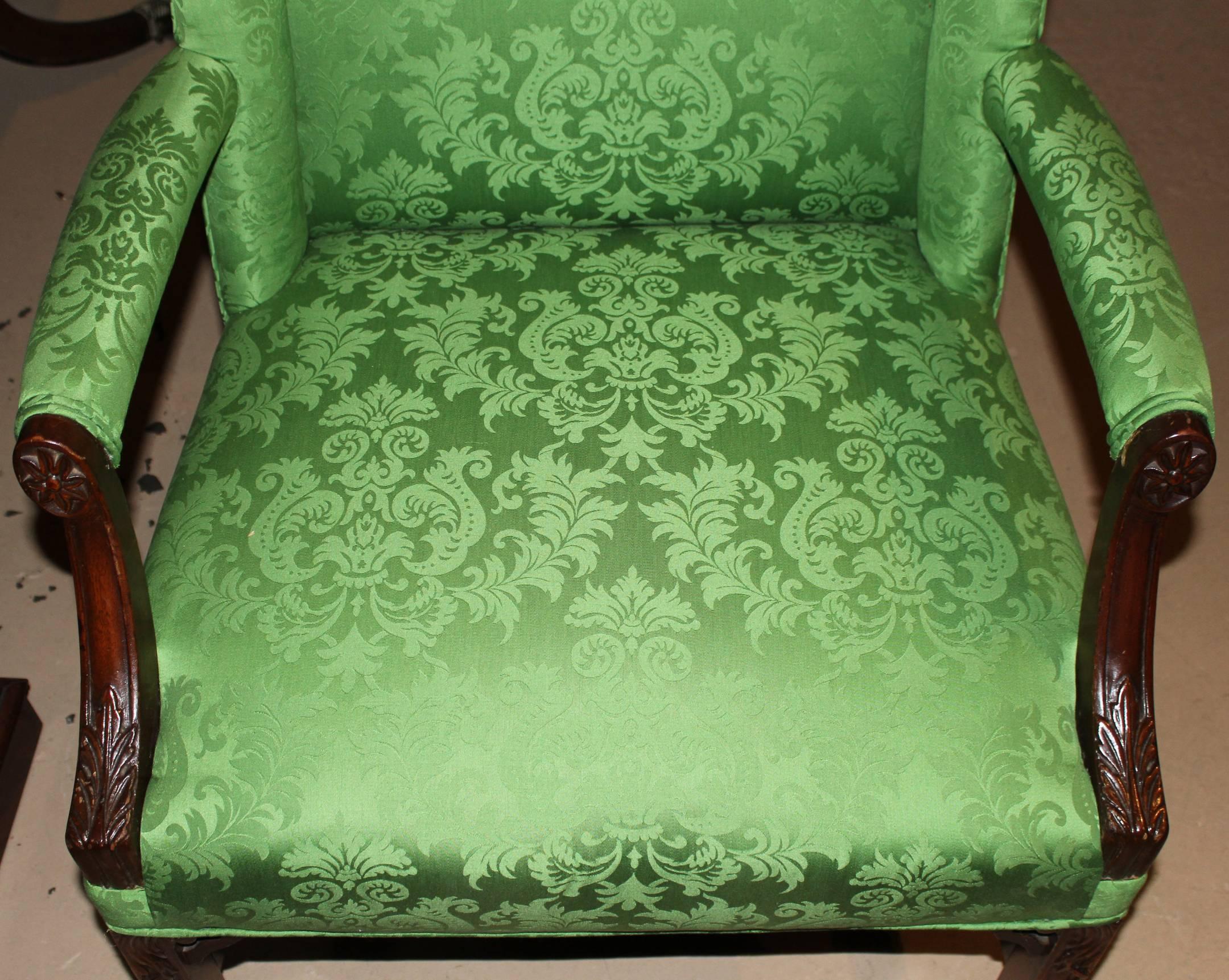 Upholstery Pair of Chinese Chippendale Style Upholstered Mahogany Marlborough Armchairs