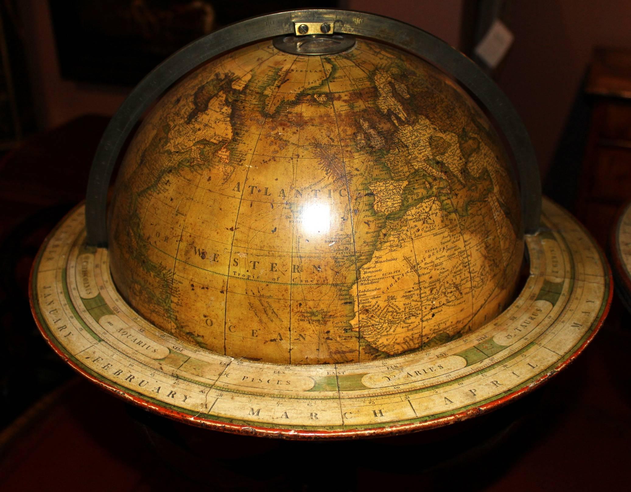 A fine near pair of 12-inch English globes including a Cary’s New Terrestrial Globe, and a Bardin’s New 12 inch British celestial globe, each circa 1800 on a mahogany tripod stand with vertical brass engraved meridian ring and a horizontal wooden