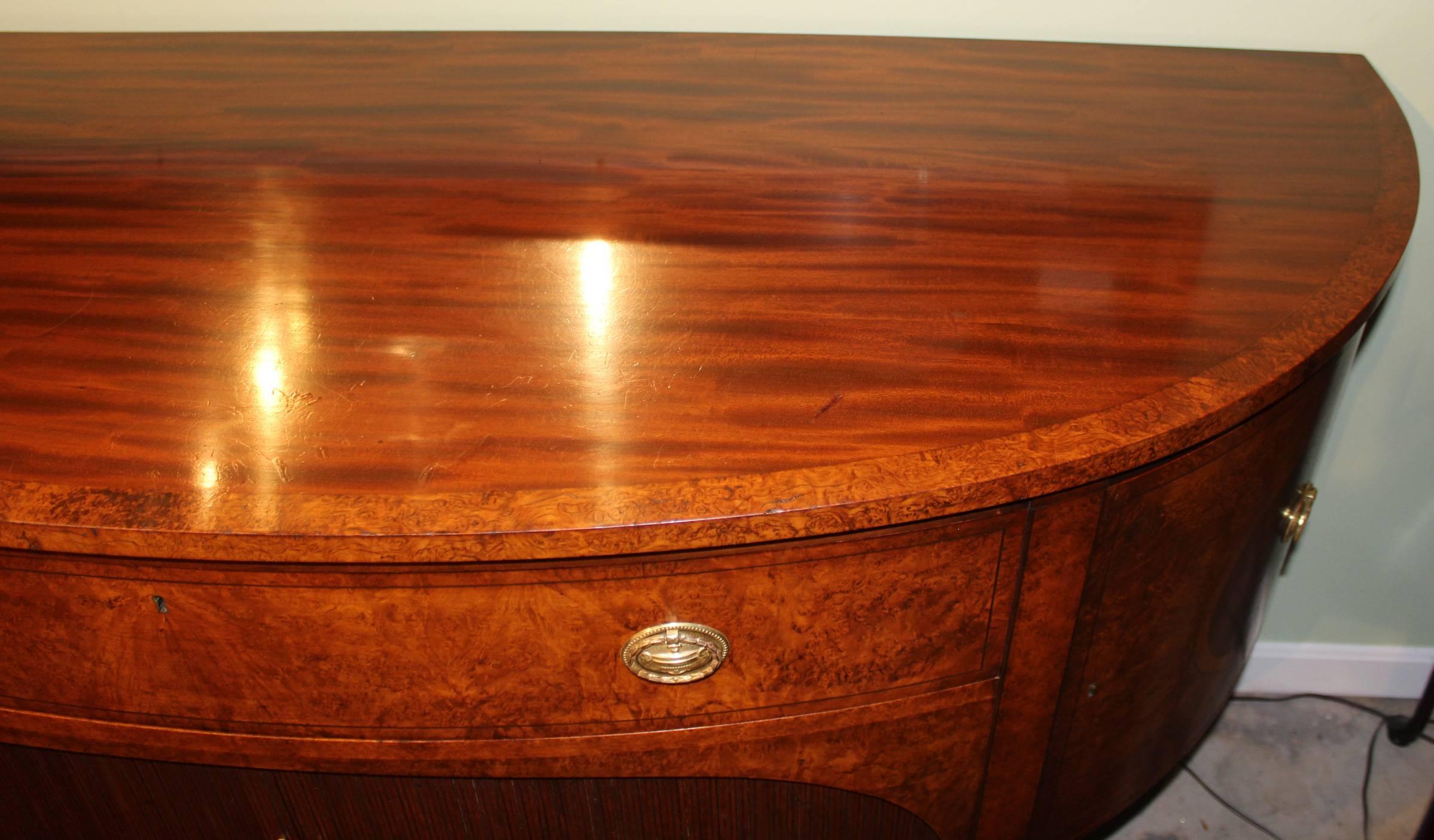 American Demilune Mahogany Sideboard or Server with Burled Walnut and Tambour Doors