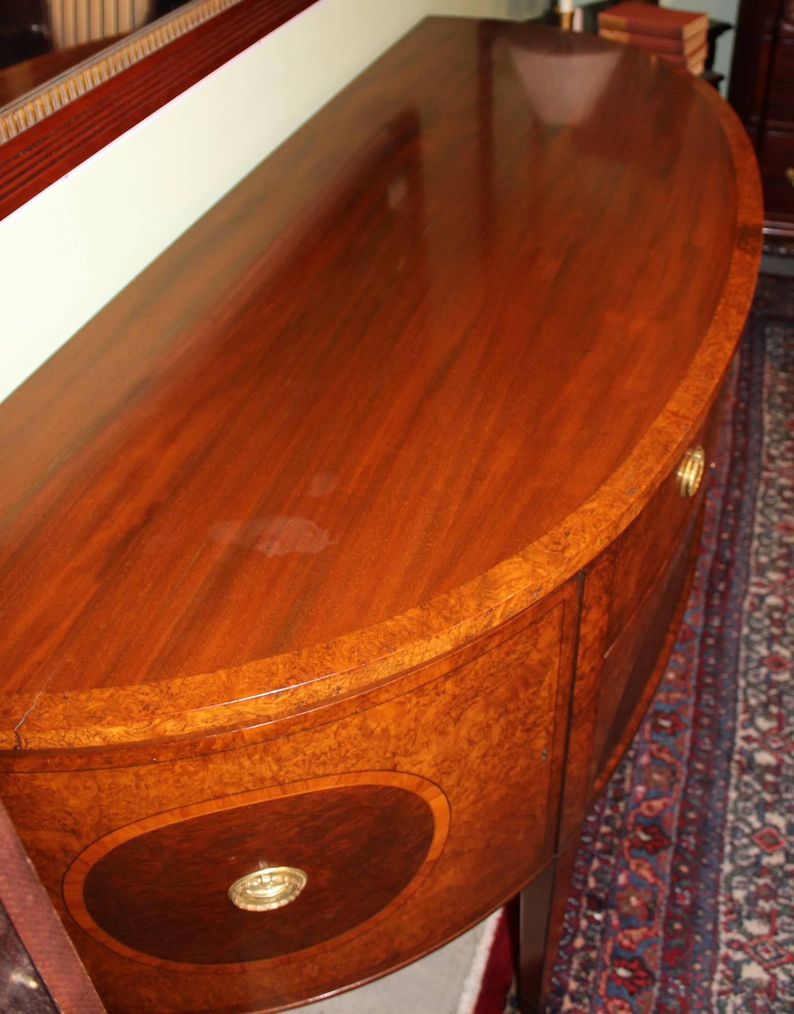 Carved Demilune Mahogany Sideboard or Server with Burled Walnut and Tambour Doors