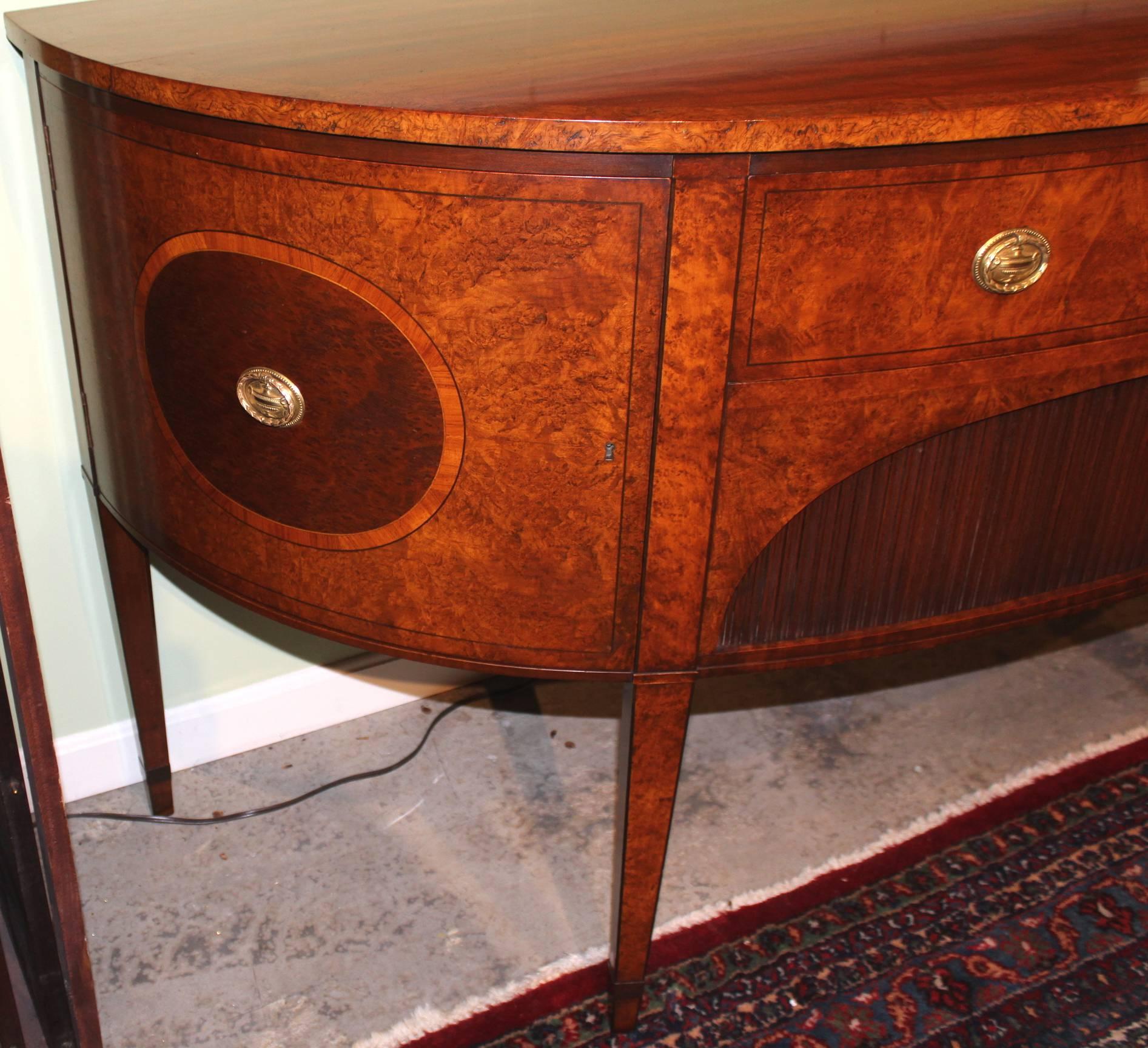 Demilune Mahogany Sideboard or Server with Burled Walnut and Tambour Doors In Excellent Condition In Milford, NH