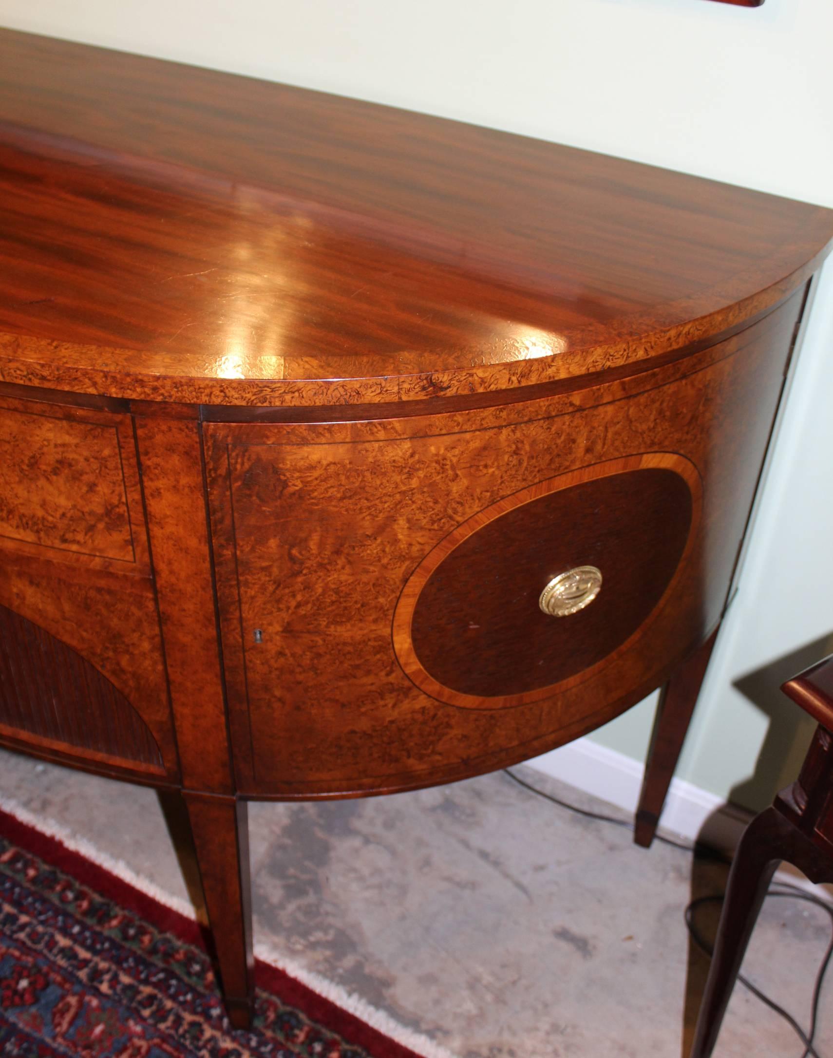 20th Century Demilune Mahogany Sideboard or Server with Burled Walnut and Tambour Doors