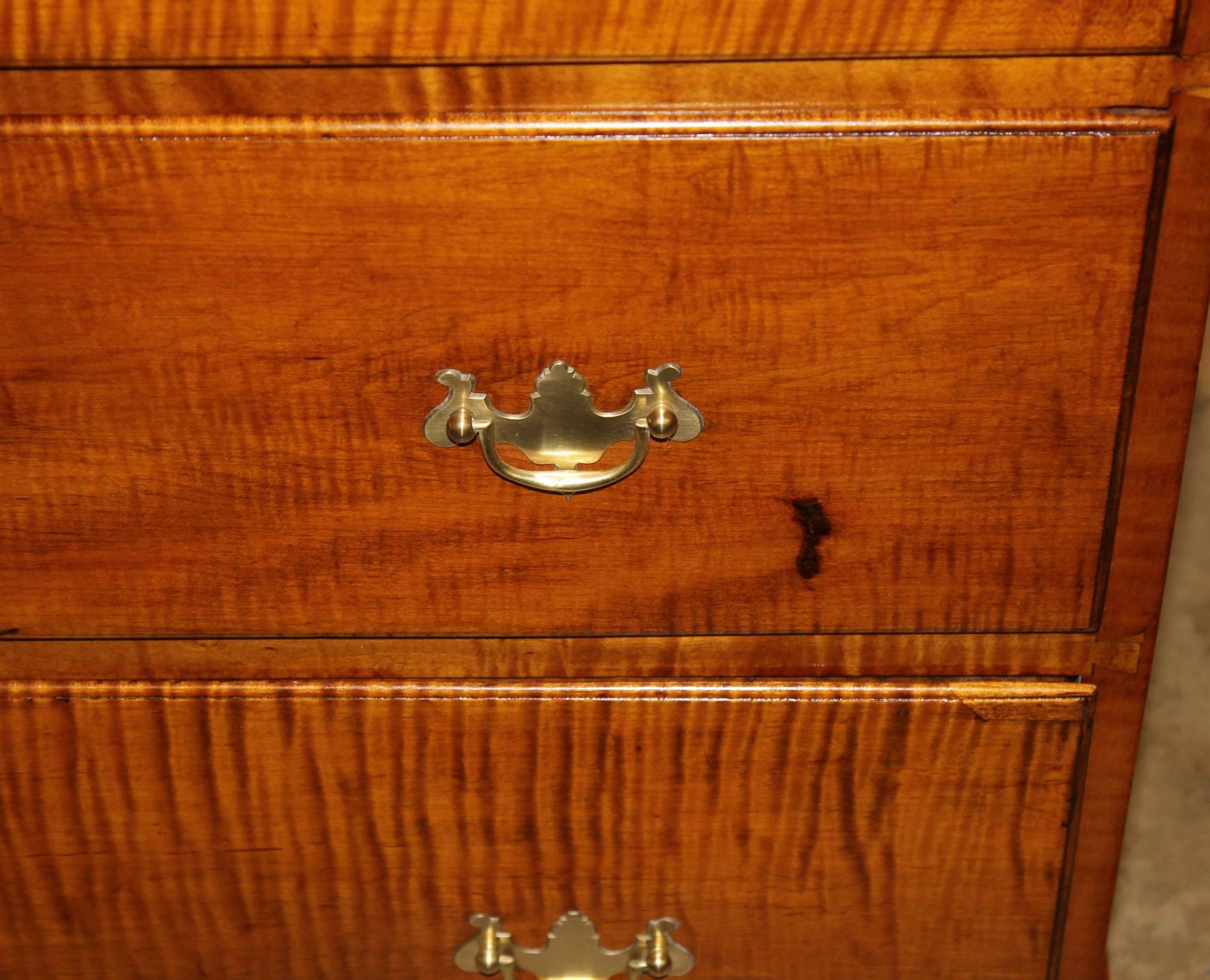 18th Century and Earlier 18th Century New England Chippendale Tiger Maple Five Drawer Tall Chest