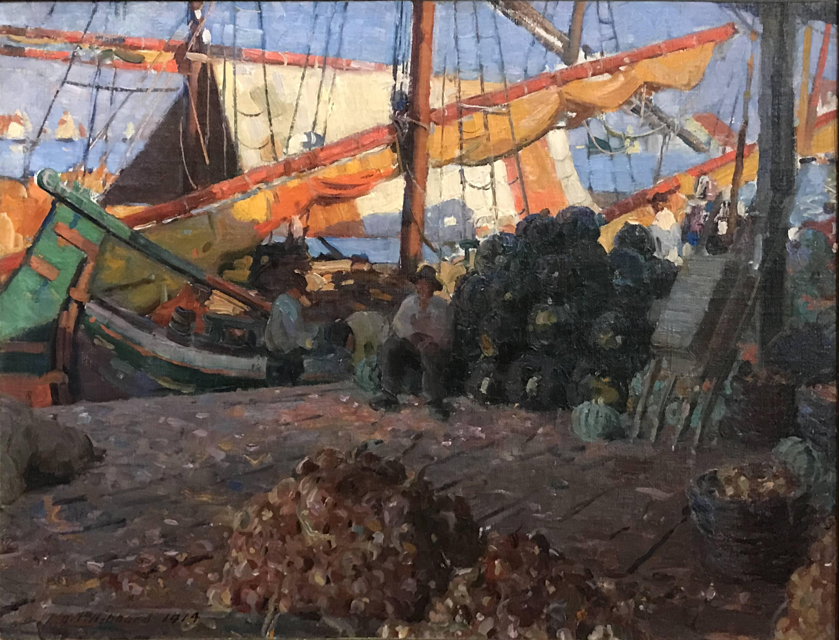 This fine impressionist Italian harbor scene in Venice with boats unloading their catch of the day was painted by American artist Aldro Thompson Hibbard (1886-1972). Hibbard was born in Falmouth, Vermont and later became one of the founders of the