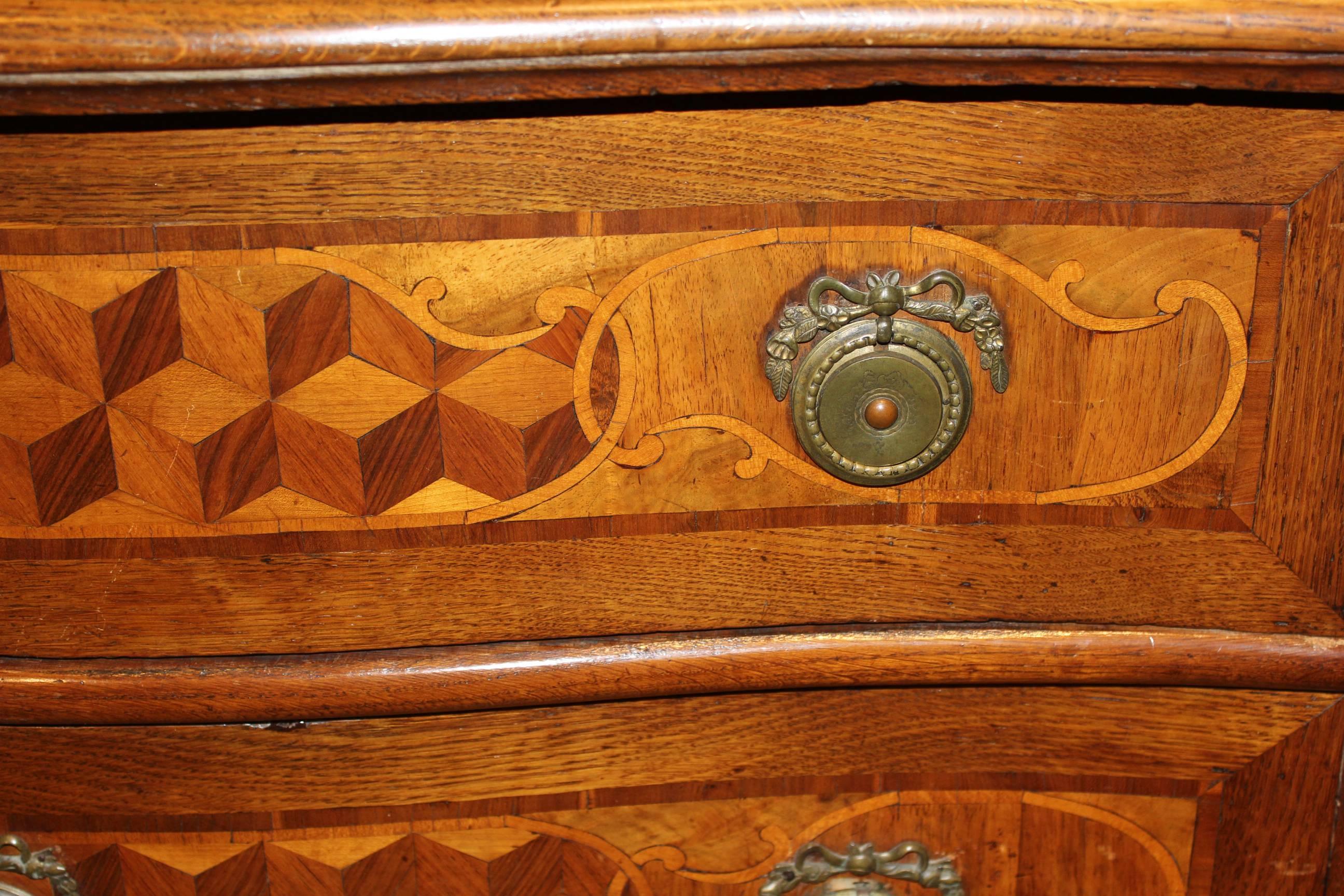 18th c Swiss Rococo Fruitwood Serpentine Commode with Tumbling Block Parquetry In Good Condition For Sale In Milford, NH