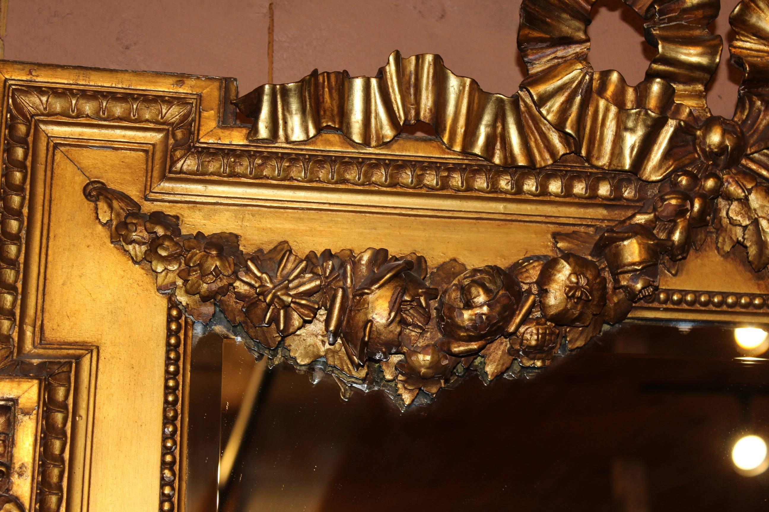 19th Century Large French Louis XVI Style Giltwood Mirror with Ribbon & Swag Decoration