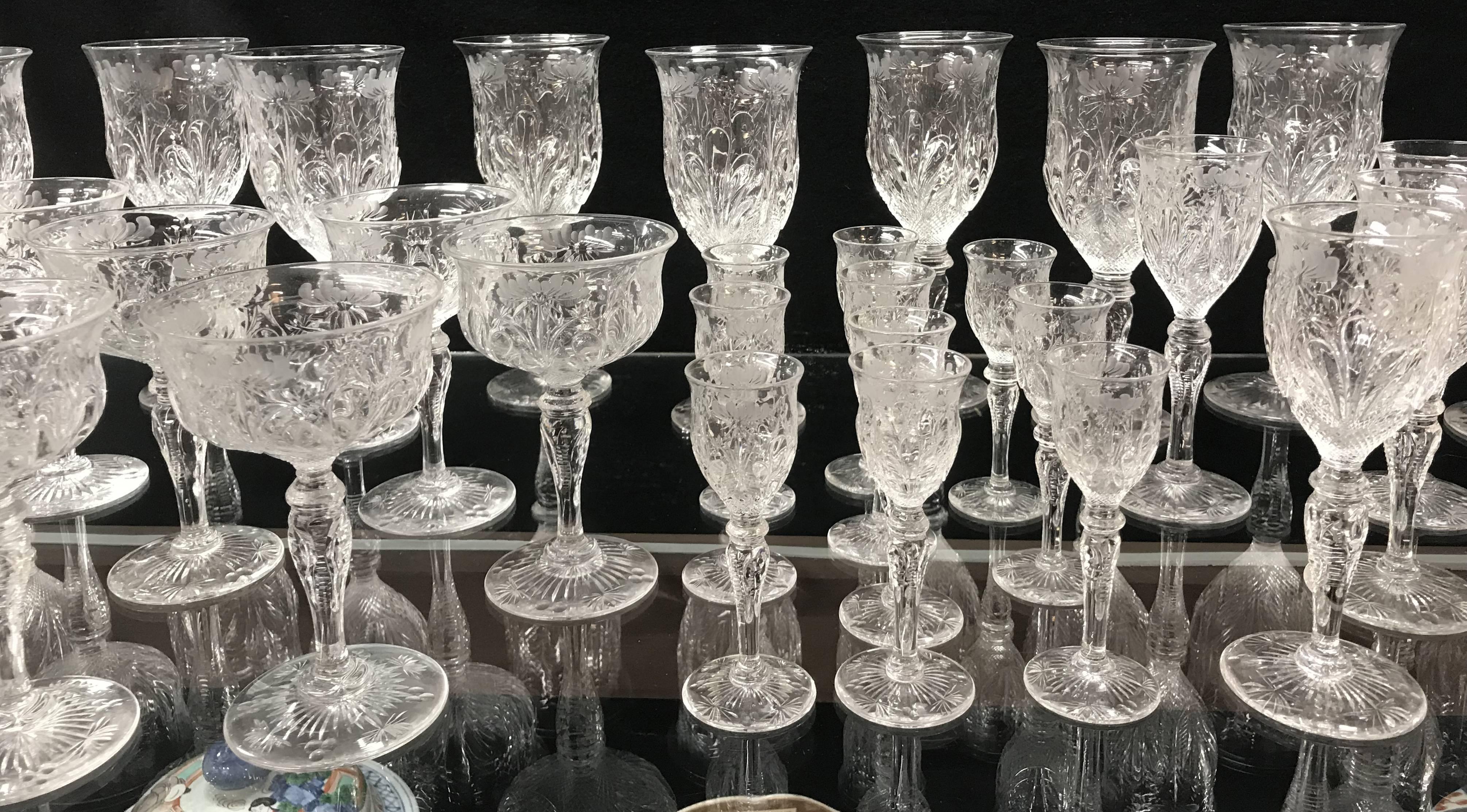 Etched Exceptional Quality Cut Glass Stemware Set, 42 pcs