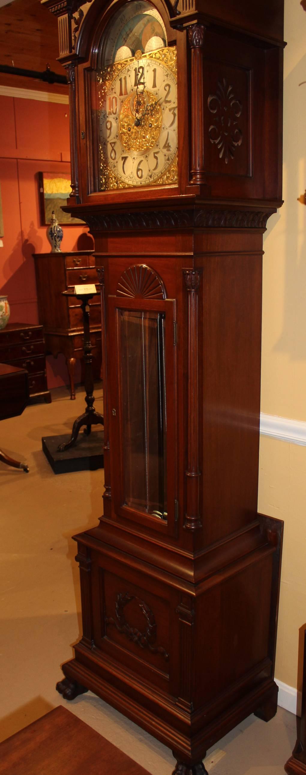 American Exceptional Smith Patterson & Co Boston Mahogany Tall Clock with Moon Phase Dial