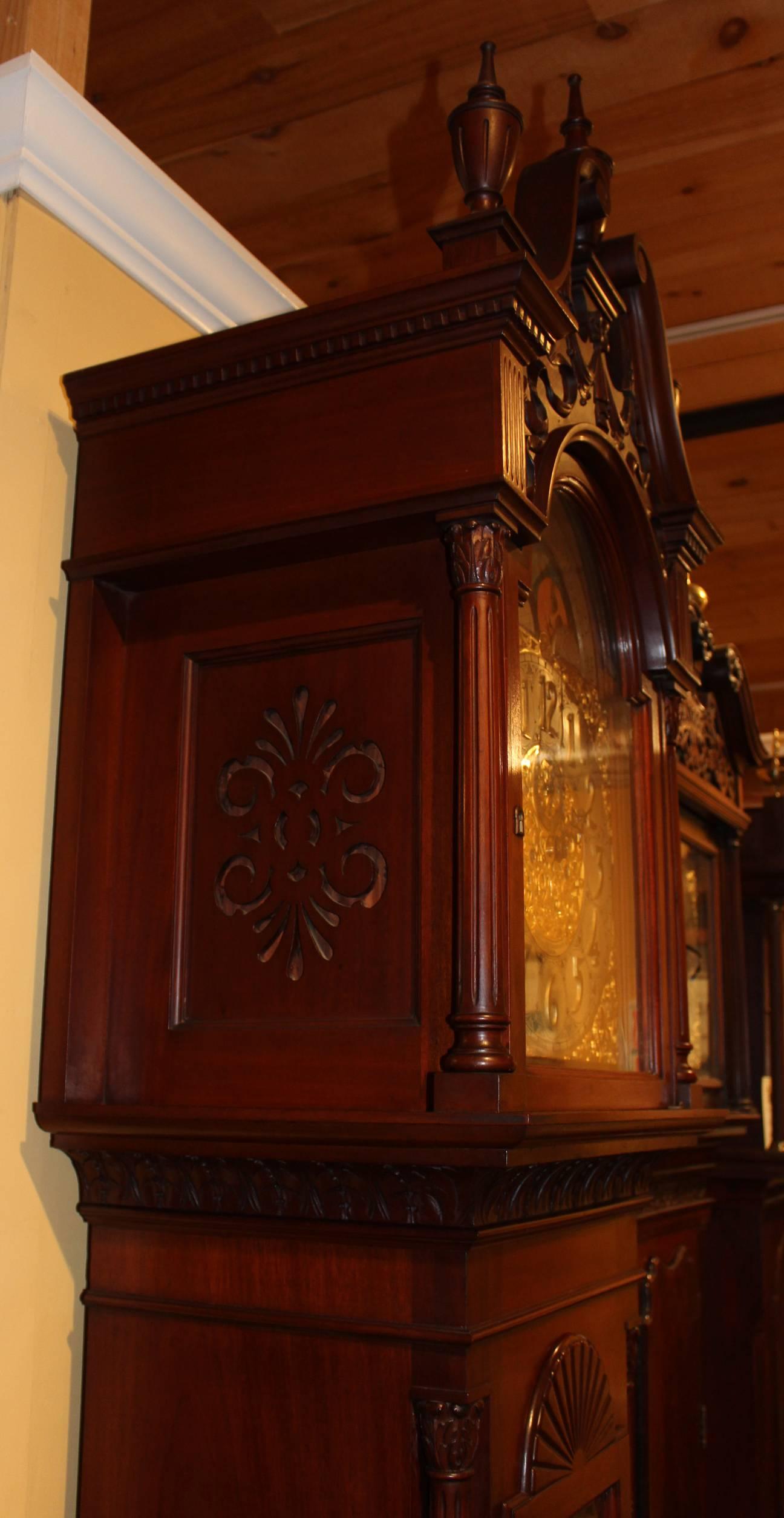 Hand-Carved Exceptional Smith Patterson & Co Boston Mahogany Tall Clock with Moon Phase Dial