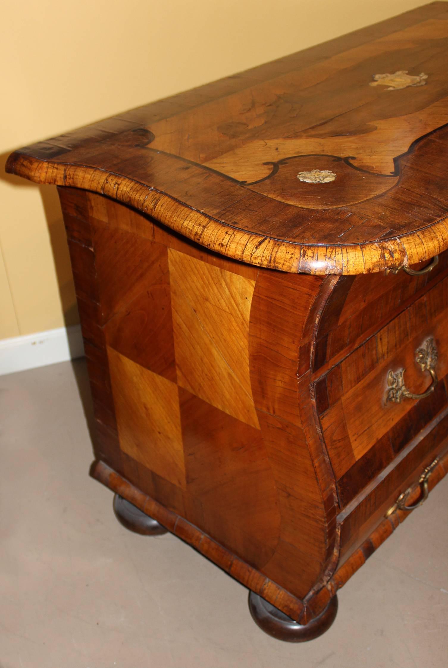 Fruitwood 18th Century German Walnut Commode with Contrasting Marquetry Inlay For Sale