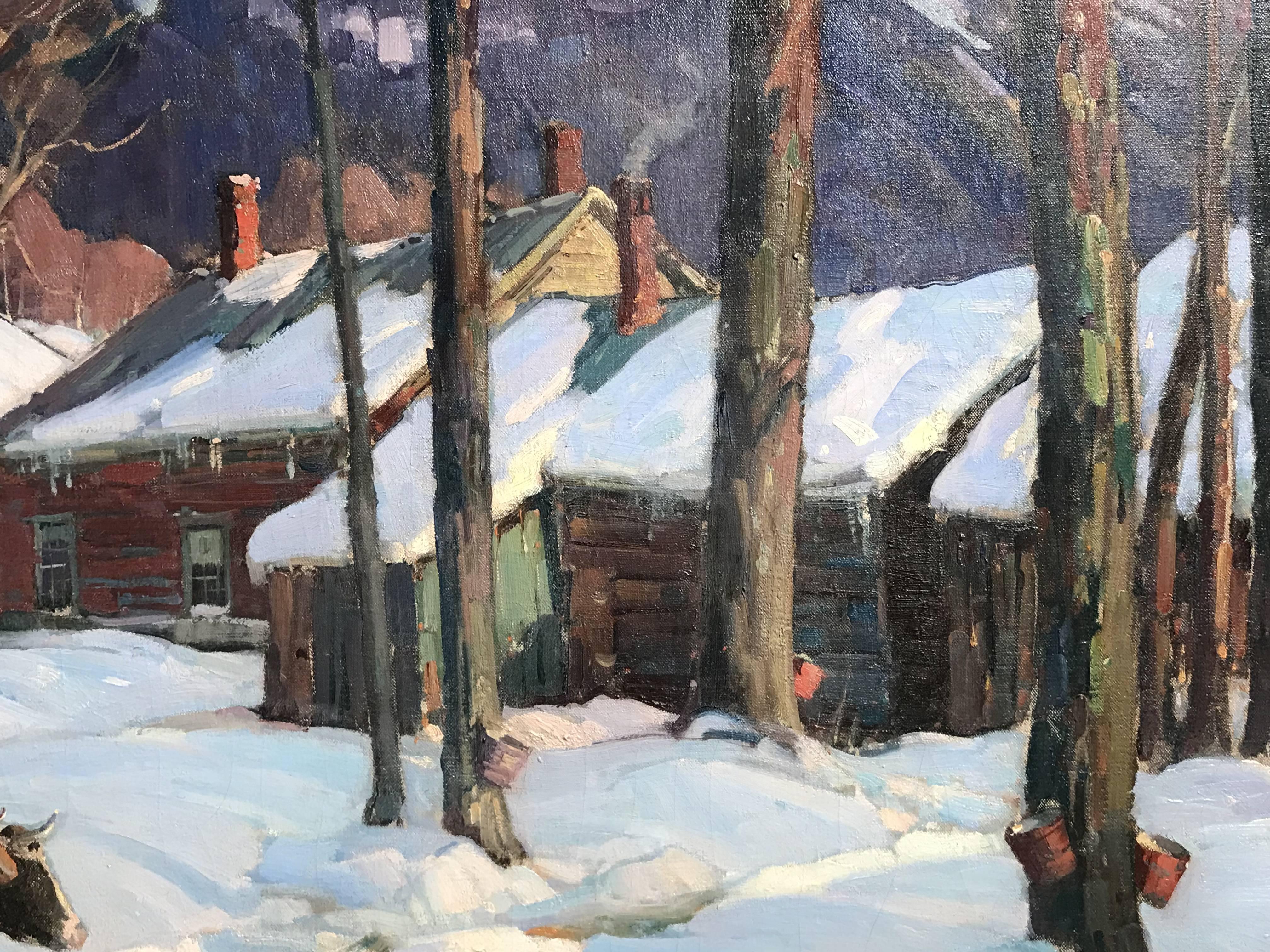Hand-Painted Aldro Thompson Hibbard Winter Landscape Painting, Sugaring Time, circa 1925